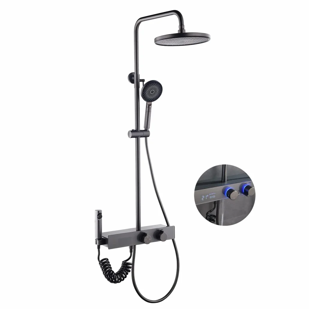 Cyfrowy wyświetlacz LED 9-calowy system prysznicowy z deszczownicą, zestaw baterii prysznicowych naściennych, mosiężny zestaw prysznicowy z głowicą prysznicową, wylewką do wanny, 3 modna