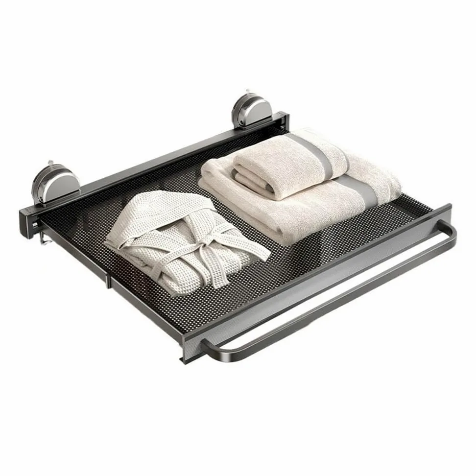 Łazienkowy pojemnik pod prysznic, przyssawka, wieszak na ręczniki, wysuwany uchwyt na ręczniki, montowany na ścianie, chowany aluminiowy organizer na ręczniki z prętem i haczykami do