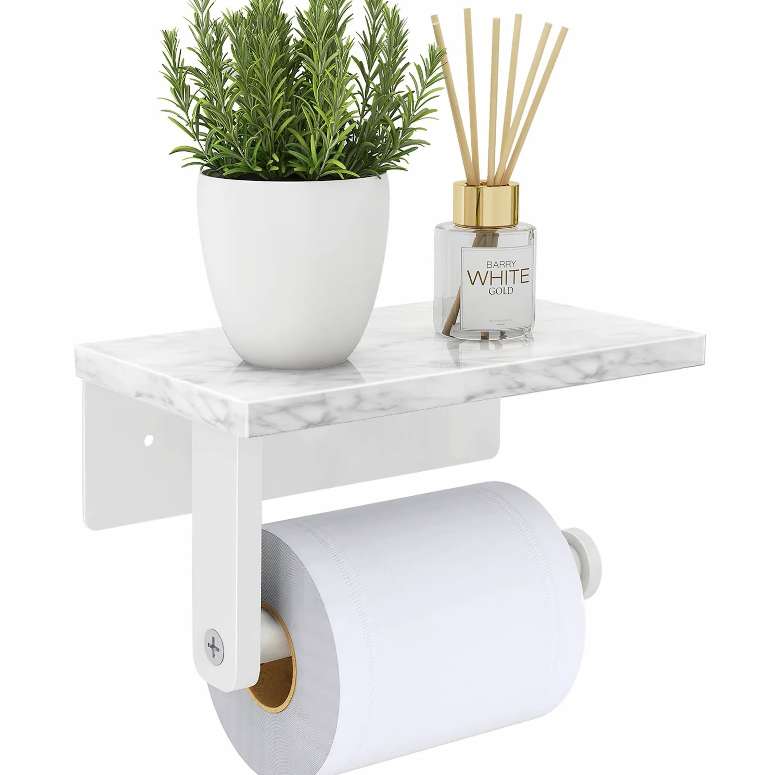 Gypie Uchwyt na papier toaletowy z półką z naturalnego marmuru, śruba ze stali nierdzewnej 304, montowana na ścianie, uchwyt na papier na chusteczki do łazienki, toaletki, biały