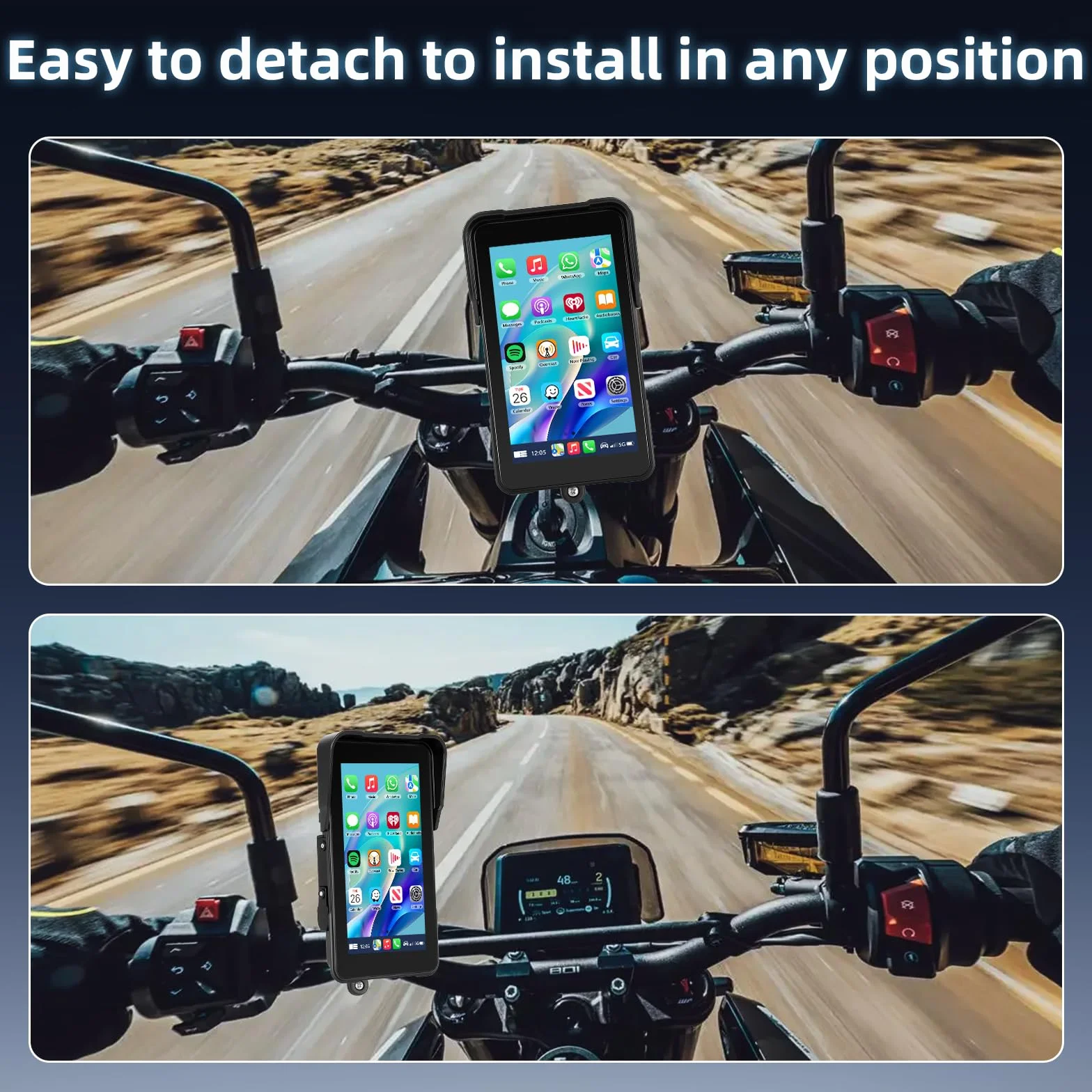 Motocyklowy ekran Carplay z nawigacją, przenośny ekran dotykowy 5" IP68, z bezprzewodowym systemem CarPlay i systemem Android, Bluetooth, EQ, kalibracją dotykowym