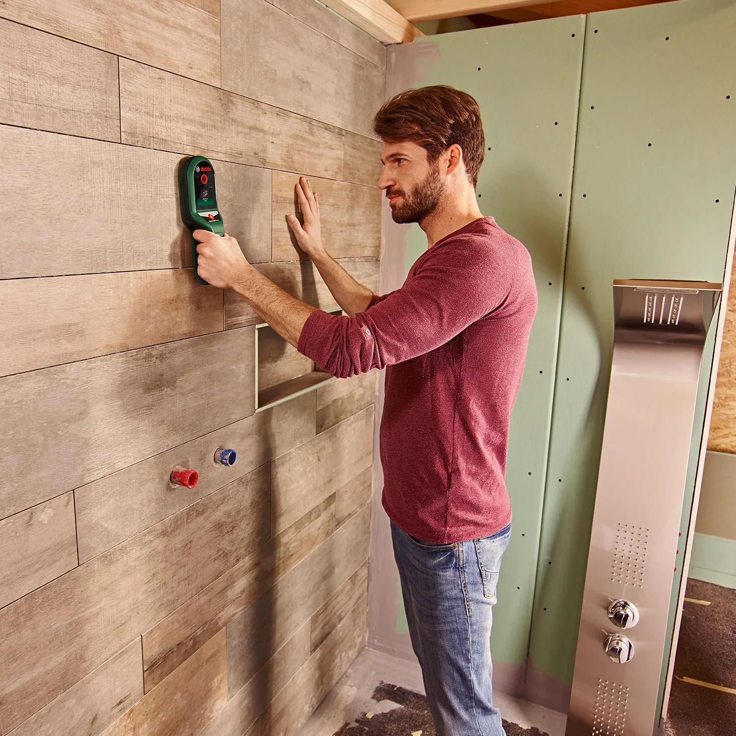 Bosch Detektor UniversalDetect (ułatwiający obsługę przewodnik instrukcjami „krok po kroku”, detektor konstrukcji drewnianych i przewodów, opakowanie kartonowe E-Commerce)