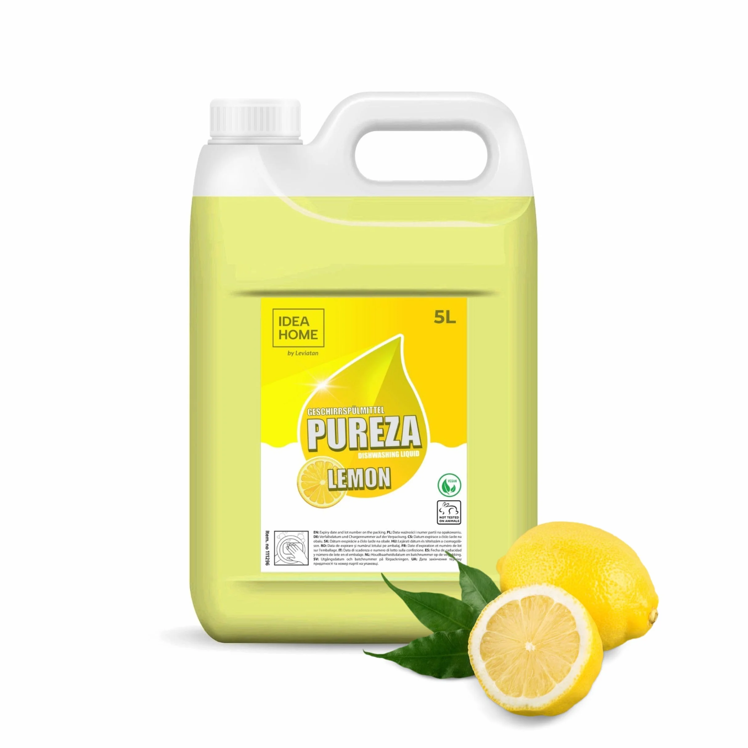 IDEA HOME Pureza 5 l, zrównoważony płyn do mycia naczyń, silny środek do usuwania tłuszczu, płyn do mycia naczyń, na bazie roślin, cytryna