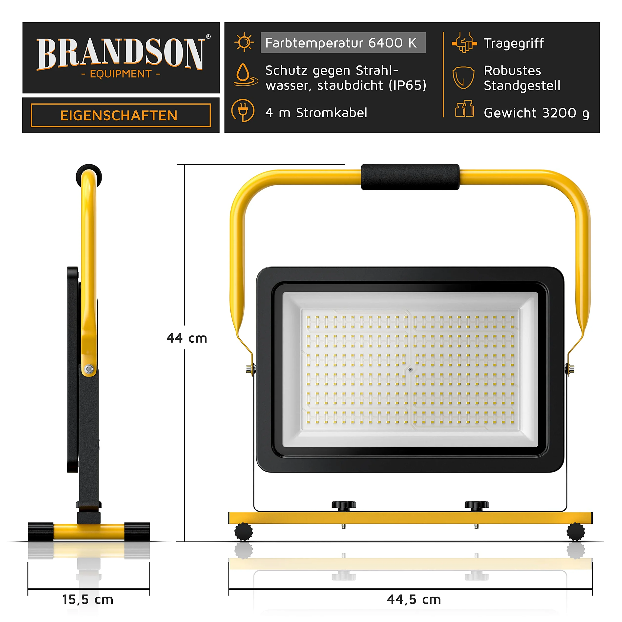 Brandson - Reflektor Budowlany LED 200 W - Reflektor Roboczy - 288 SMD LED - 6400 K - Stelaż i Uchwyt do Noszenia - 16000 Lumenów - Kabel Zasilający 4 m - Obudowa Metalowa - IP65