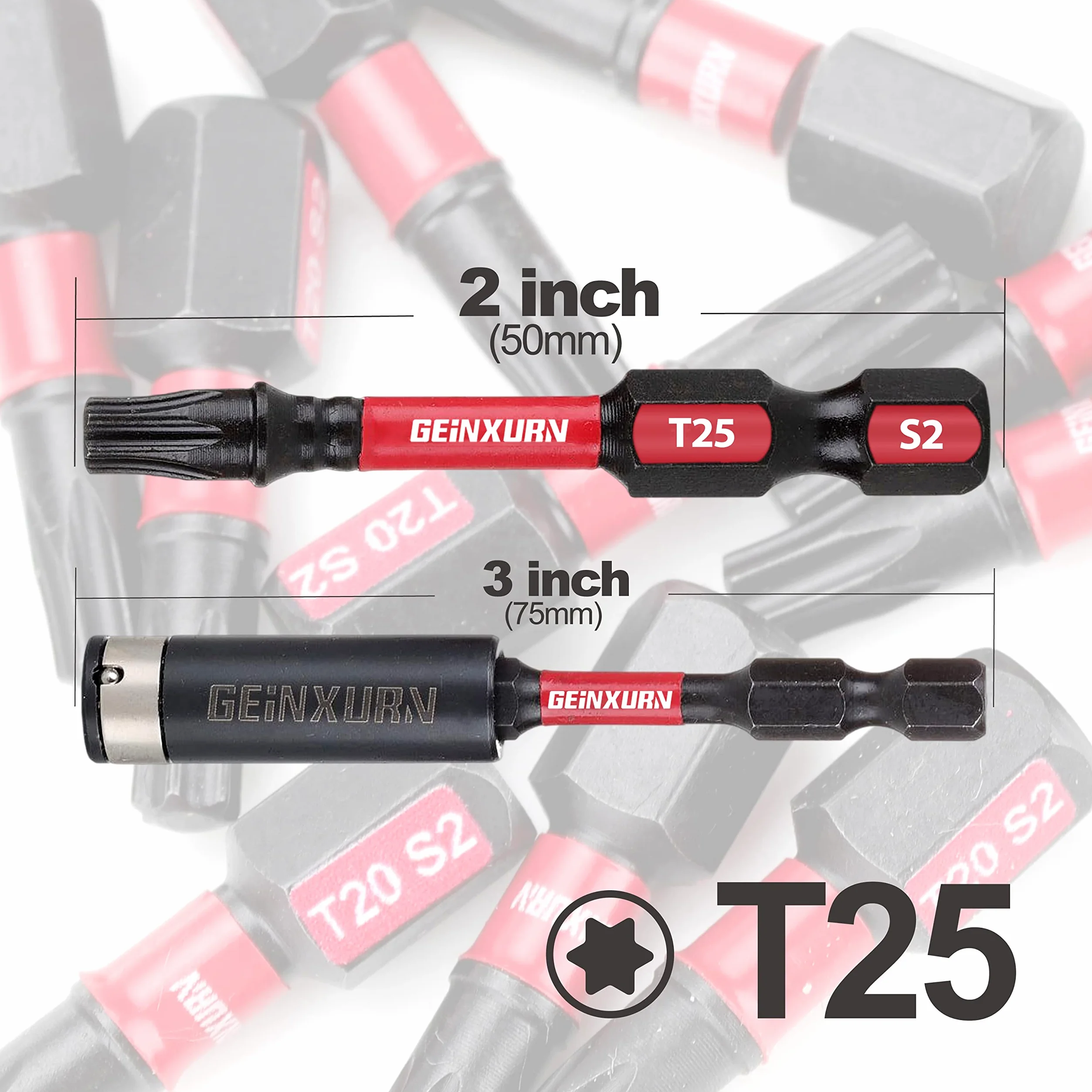 GEINXURN 50 sztuk T25 2 In. Impact Tough Magnetic #25 Torx Head Power Bits, zestaw bitów wkrętakowych ze stali stopowej S2 T25 z 1 uchwytem na bity udarowe