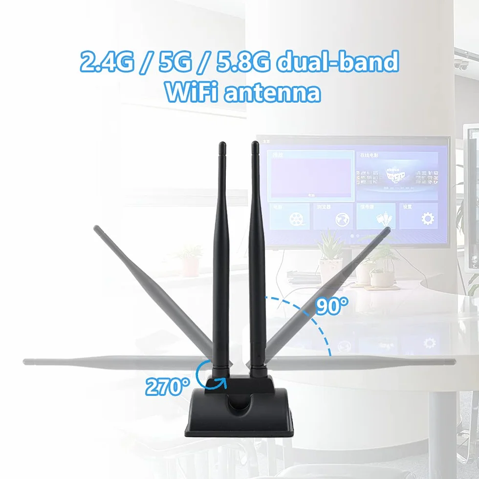 Vecys 2.4G /5G/ 5.8G Antena WiFi o Podwójnej Częstotliwości MIMO Wzmacniacz Sygnału Dookólny Podstawa Magnetyczna 6dBi Adapter RP-SMA 1.2 m 3.9 ft do Karty Sieciowej PCIE Router Antena Zewnętrzna
