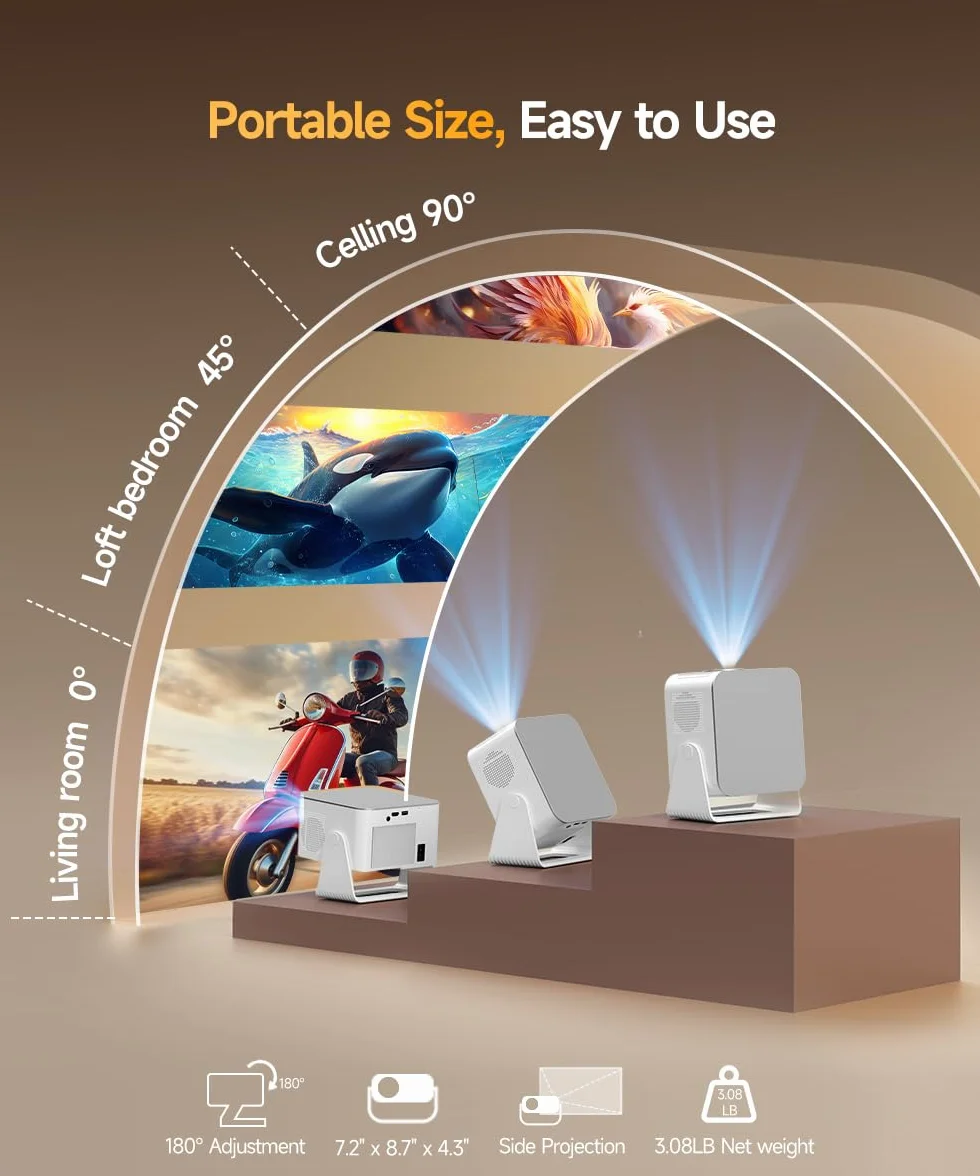 Magcubic Mini Projektor 4K & 8K, 1080P Przenośny do Sypialni z Android 14, WiFi 6 Bluetooth 5.4, Autofocus, Automatyczna Korekcja Keystone, Głośnik 15W, Obrót 180° dla Kina Domowego HY350MAX