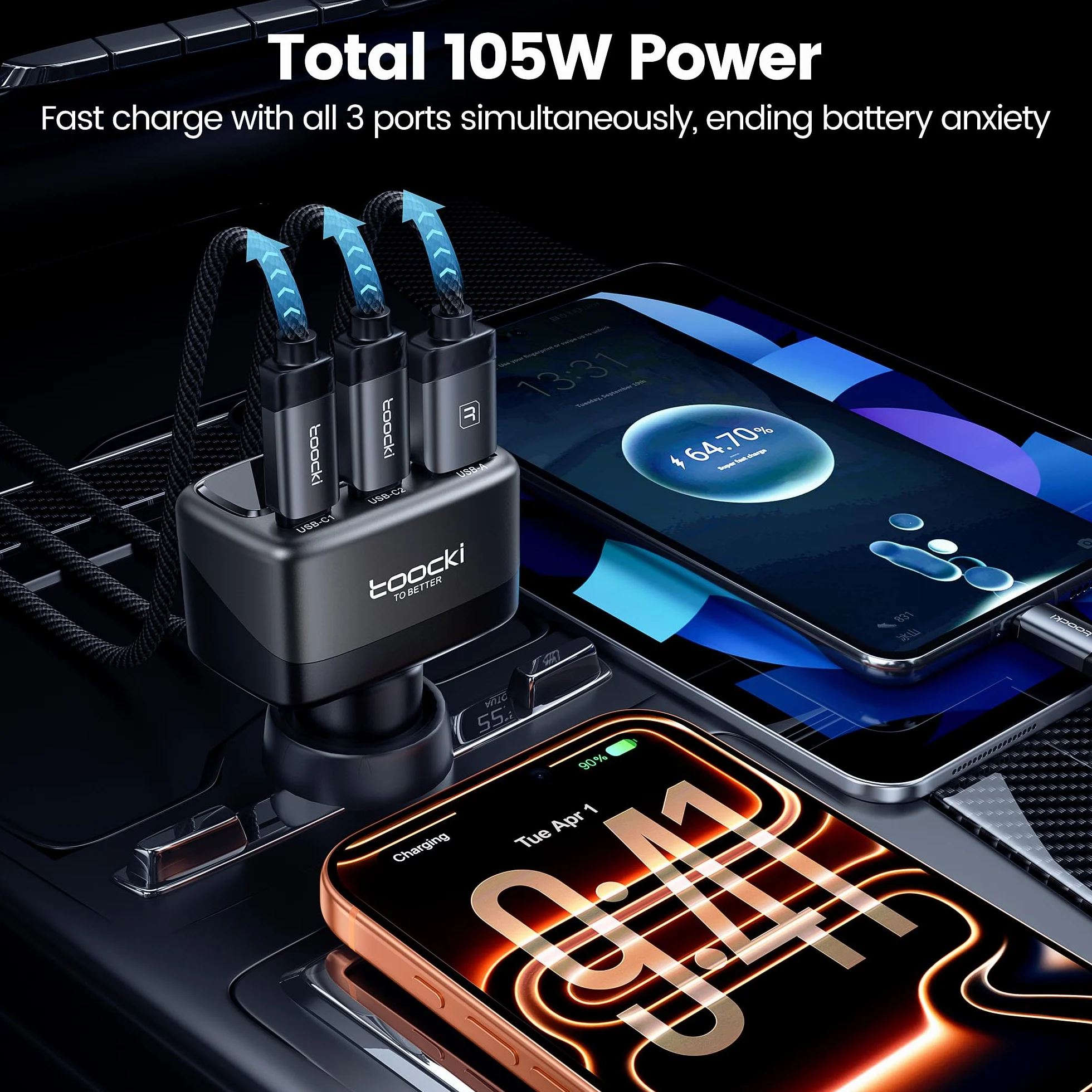 toocki Ładowarka samochodowa USB C 105 W z inteligentnym wyświetlaczem cyfrowym, szybkie ładowanie 1 USB-A i 2 USB-C (45 W MAX)
