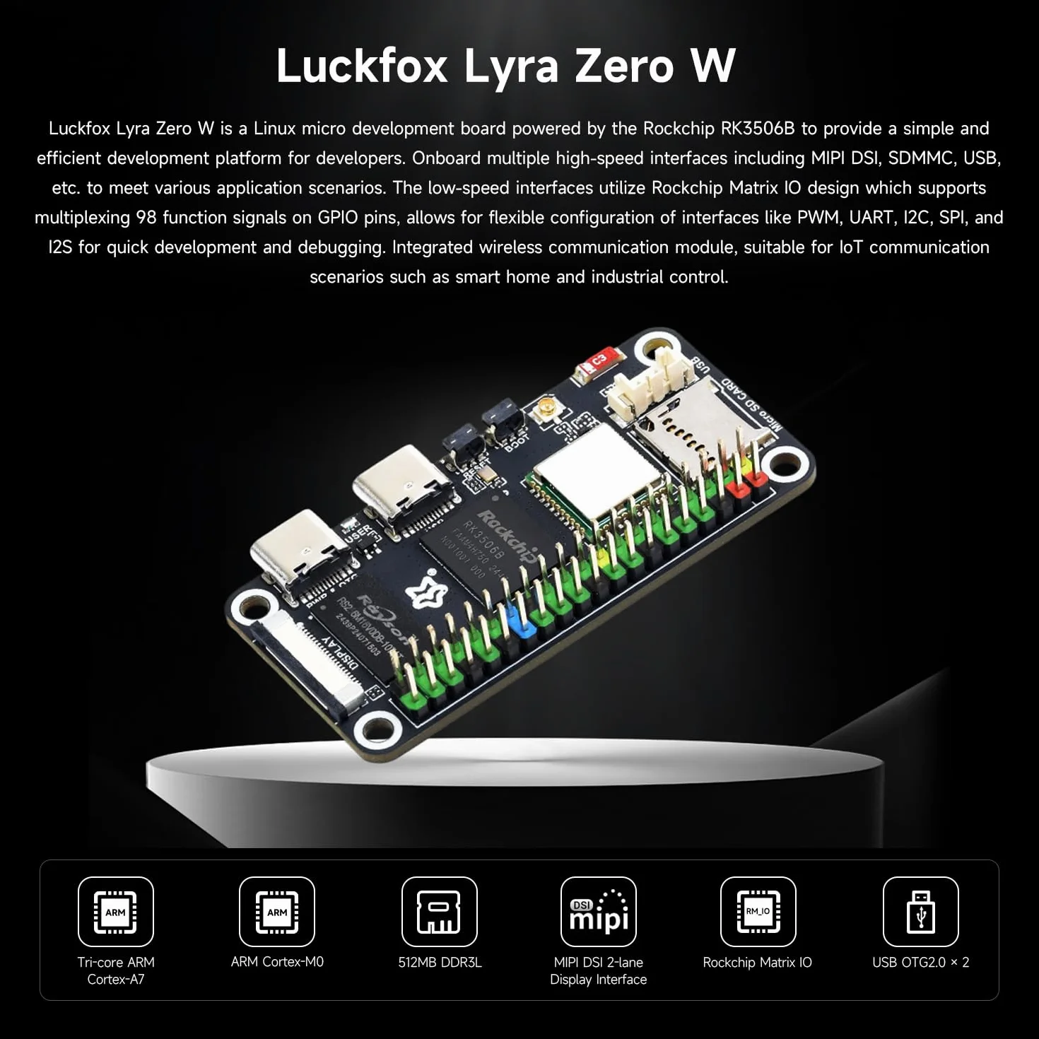 Waveshare Luck-Fox Lyra Zero W Micro Linux Development Board Based On RK3506B Chip, Integrated with Triple-core Arm Cortex-A7 and Arm Cortex-M0 Processors