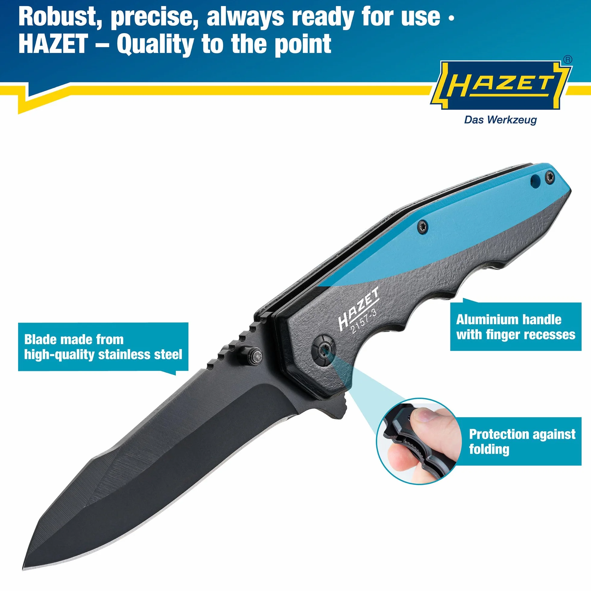 HAZET 2157-3 I Scyzoryk outdoorowy z jakość ostrzem ze stali nierdzewnej I Aluminiowa rękojeść z wgłębieniami na palce do użytku w warsztacie, przemyśle lub hobby