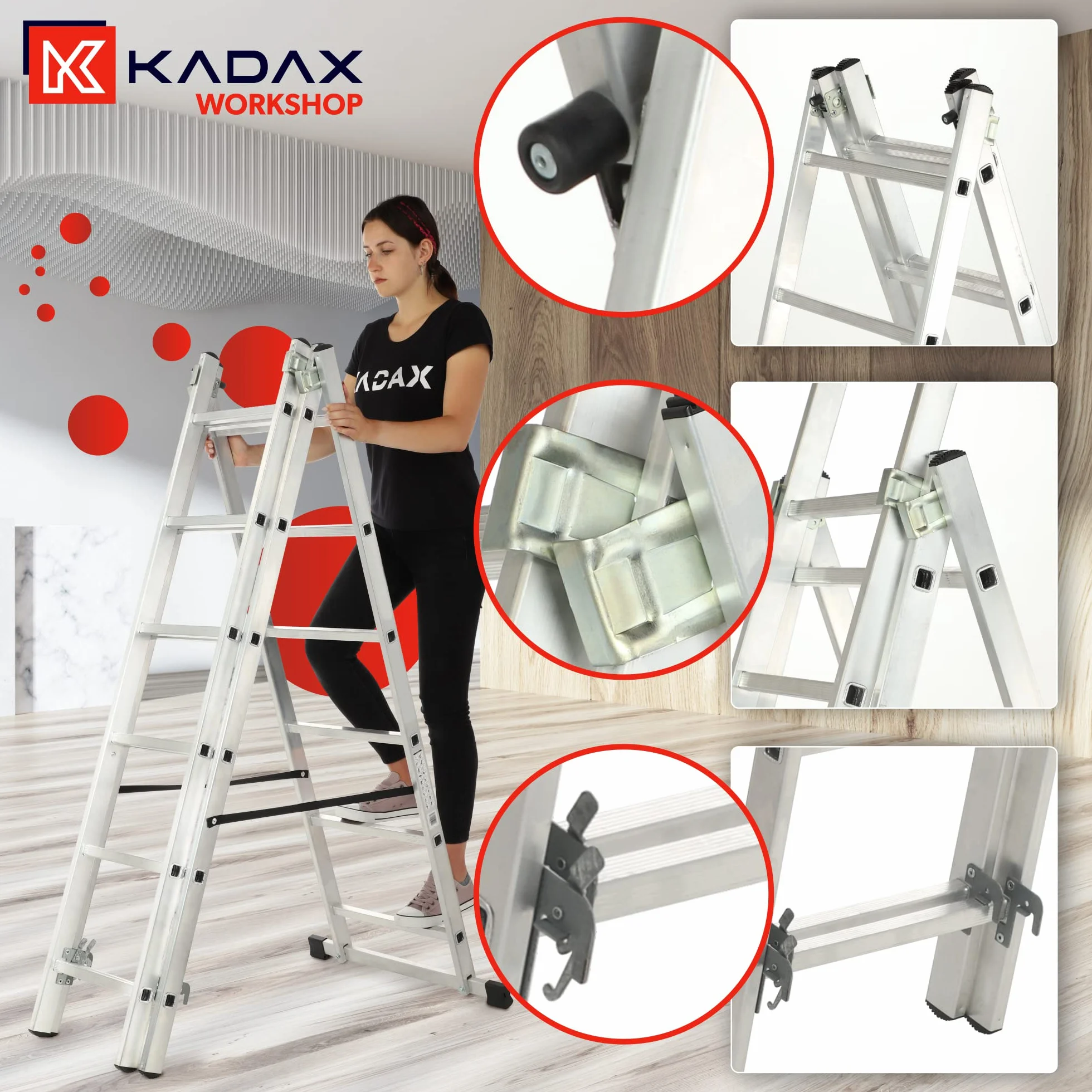 KADAX Drabina aluminiowa wielofunkcyjna, przystawna 6 - stopniowa, udźwig do 150 kg, z hakami, rozsuwana, antypoślizgowe stopnie, do domu i warsztatu