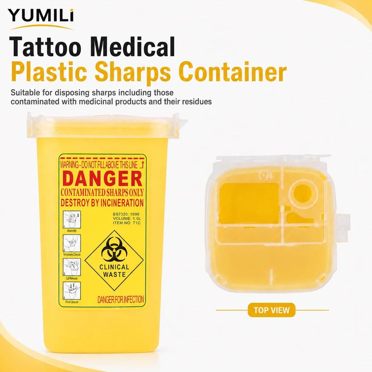 Sharps Container, 1 x zbieracz igieł, pojemnik na ostre i ostre przedmioty, jednorazowe pudełko z tworzywa sztucznego do tatuażu, organiczne usuwanie igieł z pokrywką