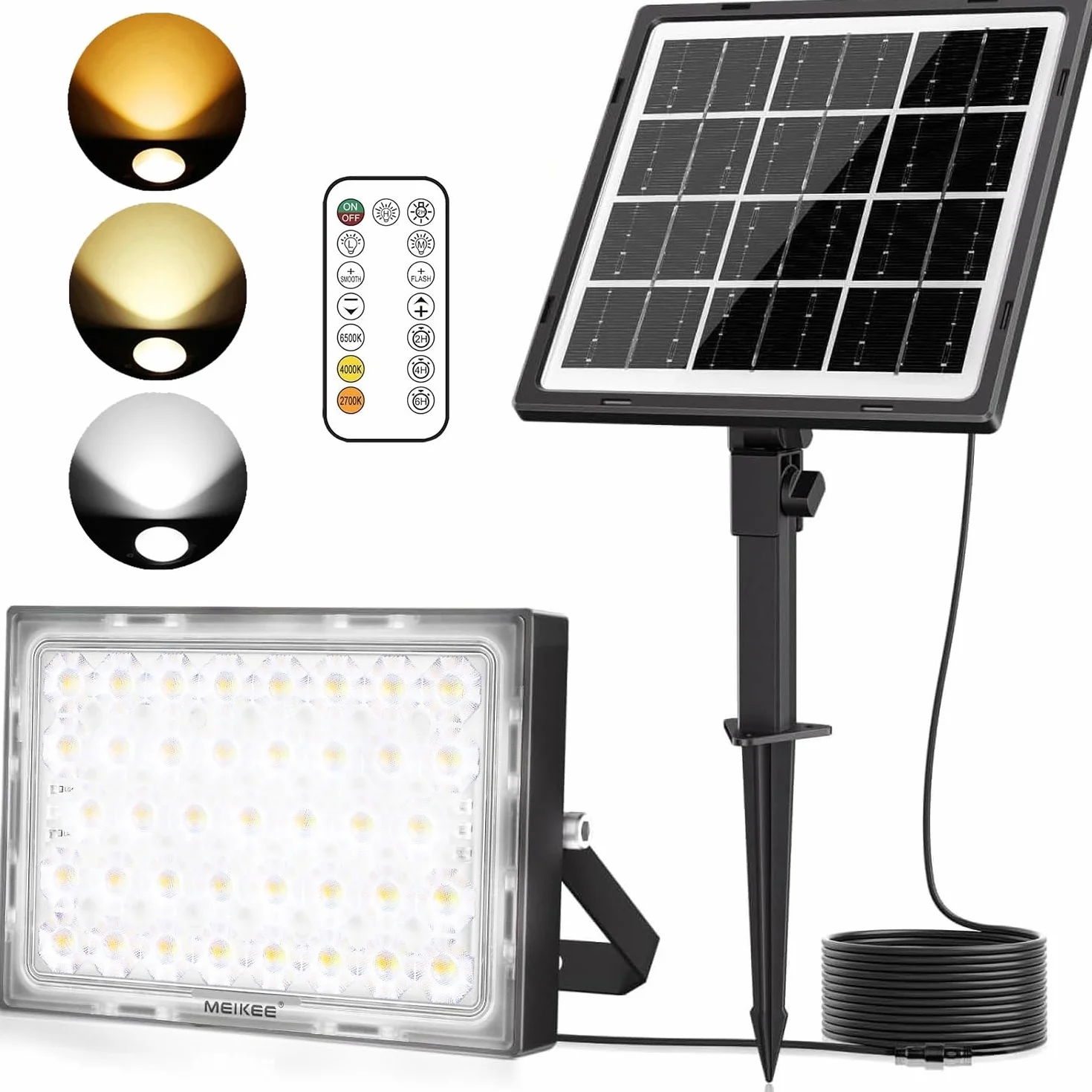 MEIKEE solarna lampa zewnetrzna 2700K 4000K 6500K 3 tryby jasności 2 tryby dynamiczne Lampy solarne z timerem IP66 Wodoodporna reflektory słoneczne ogrodowe do ogrodu, garażu, patio, tarasu