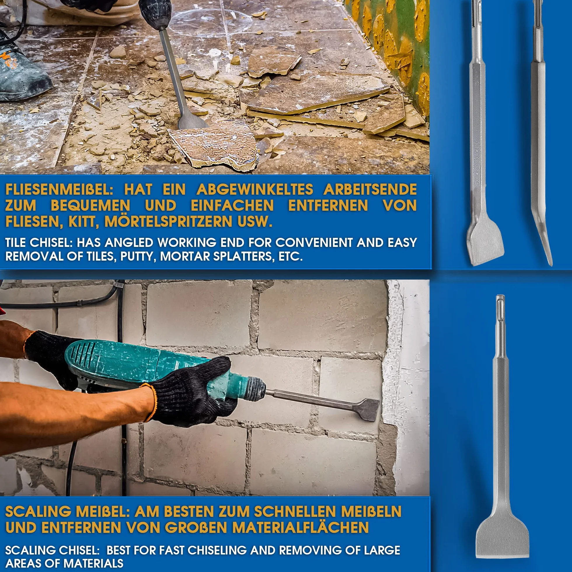 S&R Meister Dłuto SDS Plus Set 4 szt. - do płytek, betonu, kamienia, muru, tynku itp. - 1 dłuto spiczaste, 1 dłuto płaskie, 2 dłuta do płytek - kątowe i proste