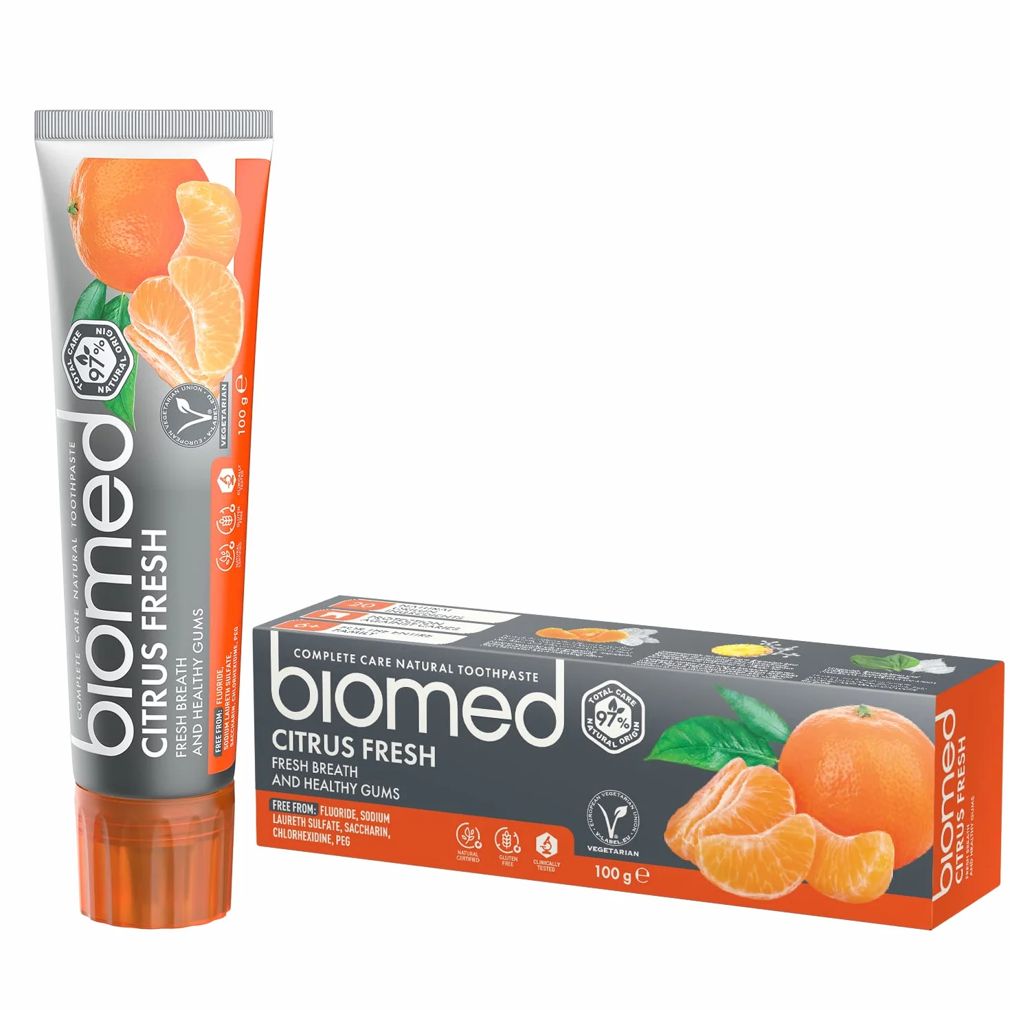 Biomed Citrus Fresh 97% Naturalna pasta do zębów/pomarańczowy, świeży oddech | zdrowe dziąsła/mandarynka grejpfrut cytryna olejki eteryczne, aromat owocowy, Wegetariański, SLES Free 100g