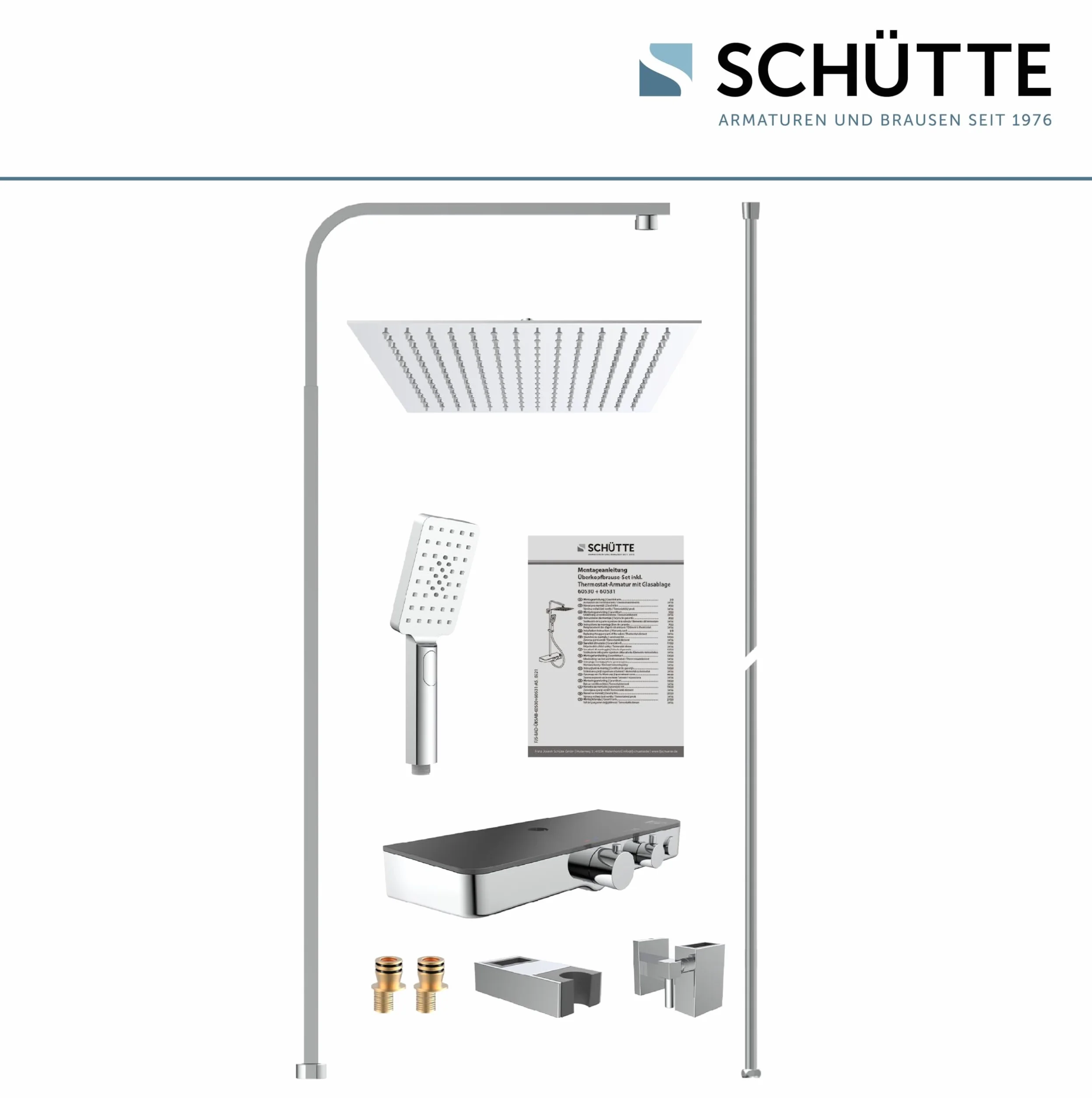 SCHÜTTE OCEAN 60531 system prysznicowy z termostatem i szklaną półką, 30 x 30 cm, deszczownica z uchwytem ściennym i panelem prysznicowym, kolumna prysznicowa w kolorze chromowym/antracytowym