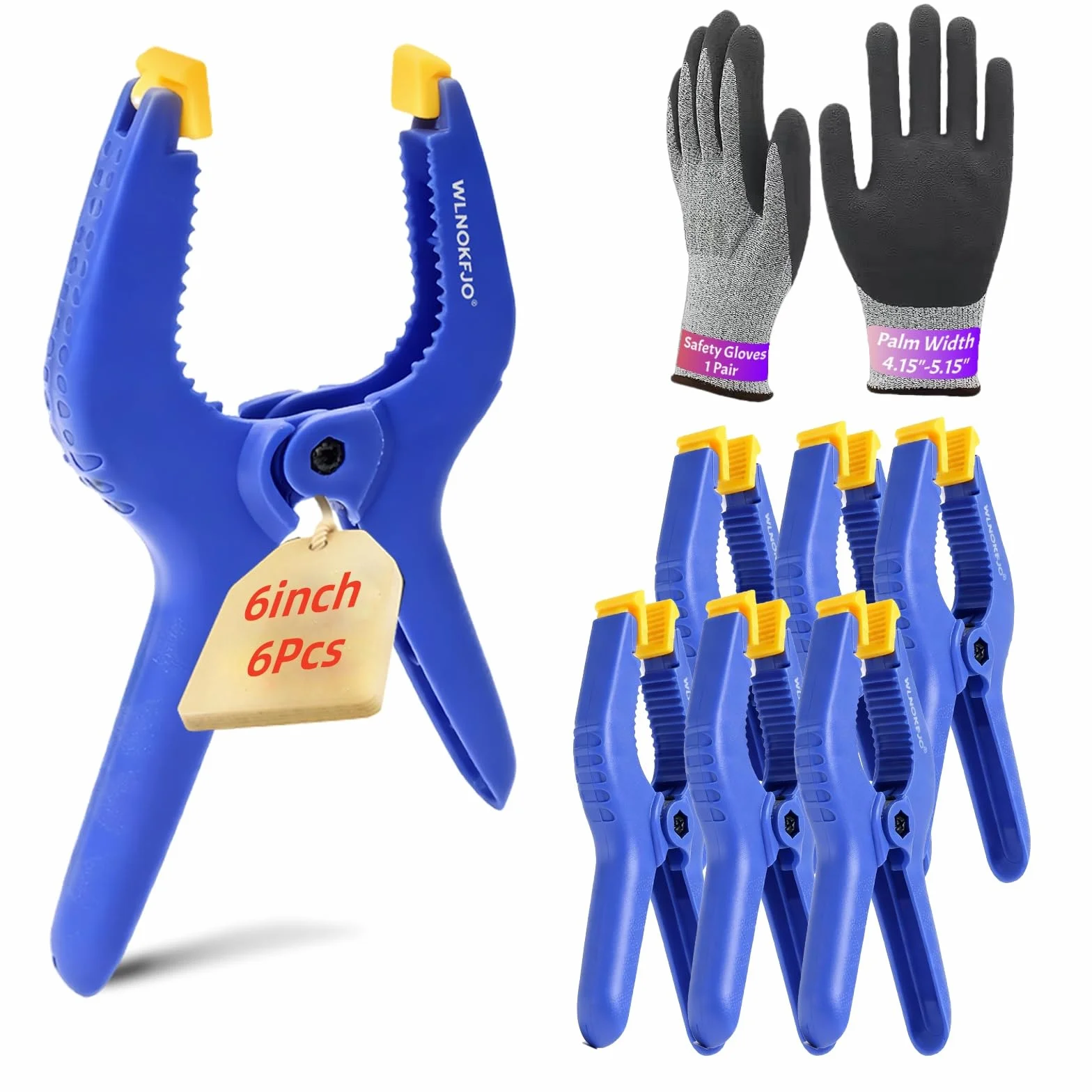 Zaciski sprężynowe 15 cm, wytrzymałe, 6 sztuk, duże plastikowe zaciski i bezpieczne rękawice robocze do obróbki drewna, rzemiosła, tła i osłony basenu, z otworem na usta 7 cm i ząbkowanymi