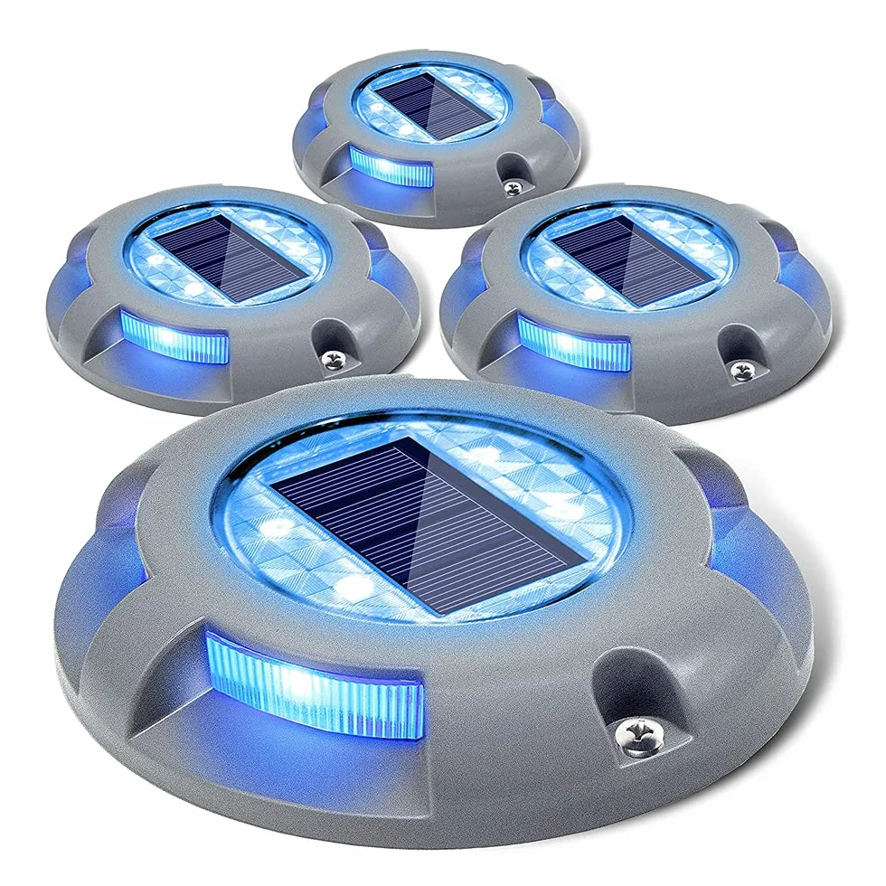 Siedinlar Solarne światła pokładowe Podjazd Oświetlenie Zasilane LED Zewnętrzne oświetlenie dokowe Wodoodporne znaczniki drogowe do ogrodu Dock Krok Chodnik Schody Ground Pathway 4 Pack (niebieski)