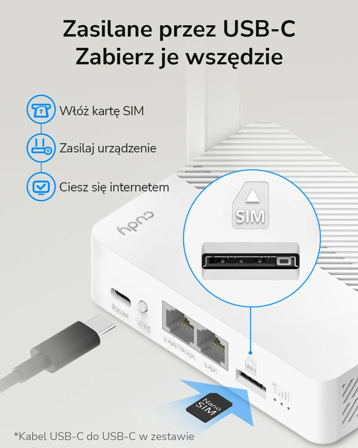 Cudy Nowy router WiFi LT300 4G LTE z wejściem zasilania USB-C, router 4G z gniazdem SIM 300 Mb/s, kompatybilny ze wszystkimi operatorami, 2×2 MIMO, nie wymaga konfiguracji, OpenVPN, WireGuard