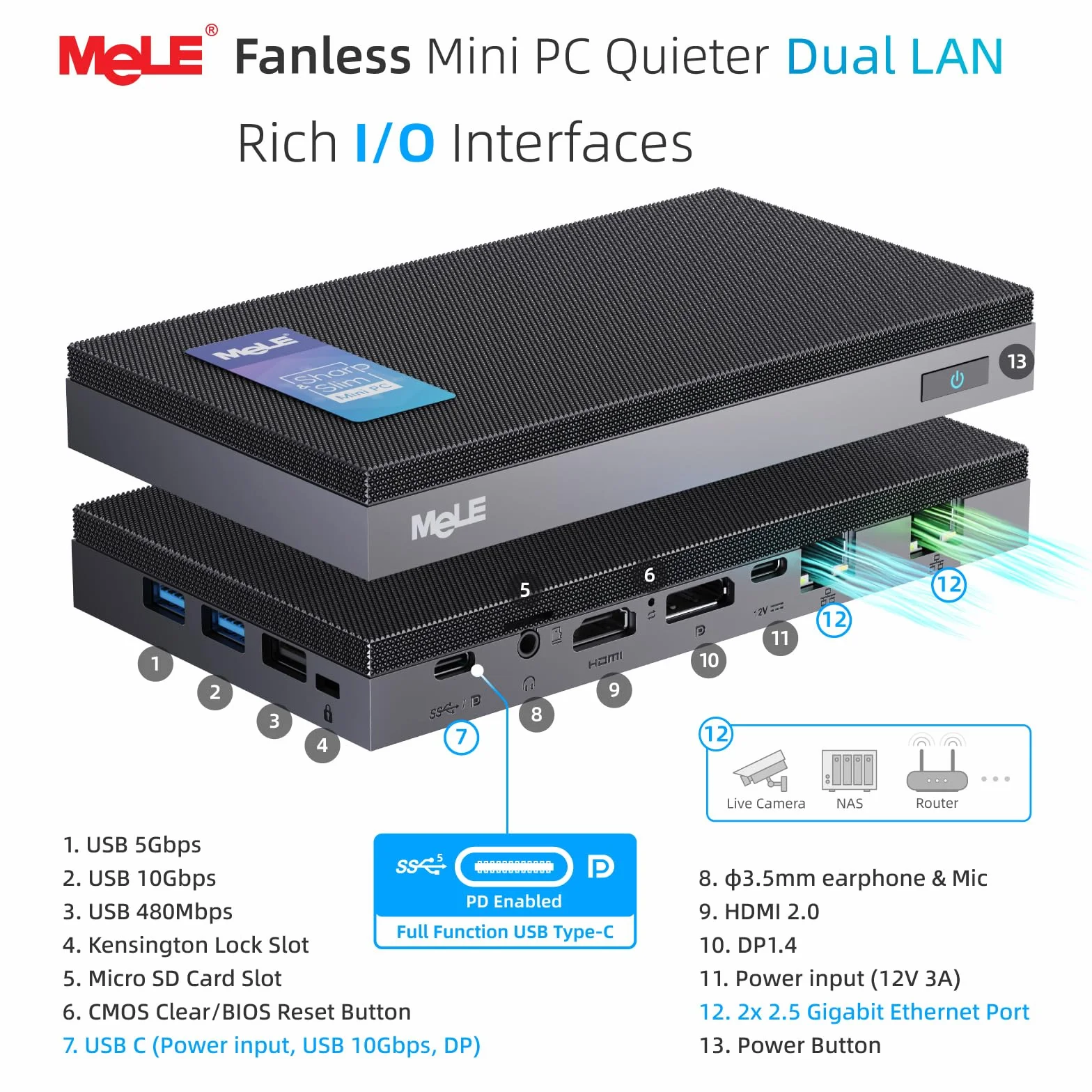 MeLE QuieterDL Fanloze Mini-PC, N100 16GB 512GB, Dual 2.5G LAN HDMI voor IoT