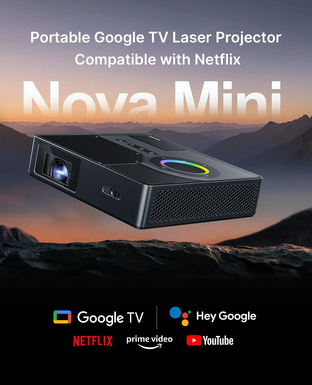 NexiGo Nova Mini, przenośny projektor laserowy, Google TV z Netflix, 1080p FHD, 1200 lumenów, kontrast 15 000:1 z SAE, 3D, automatyczna konfiguracja, ekran 150", 8W Dolby Audio
