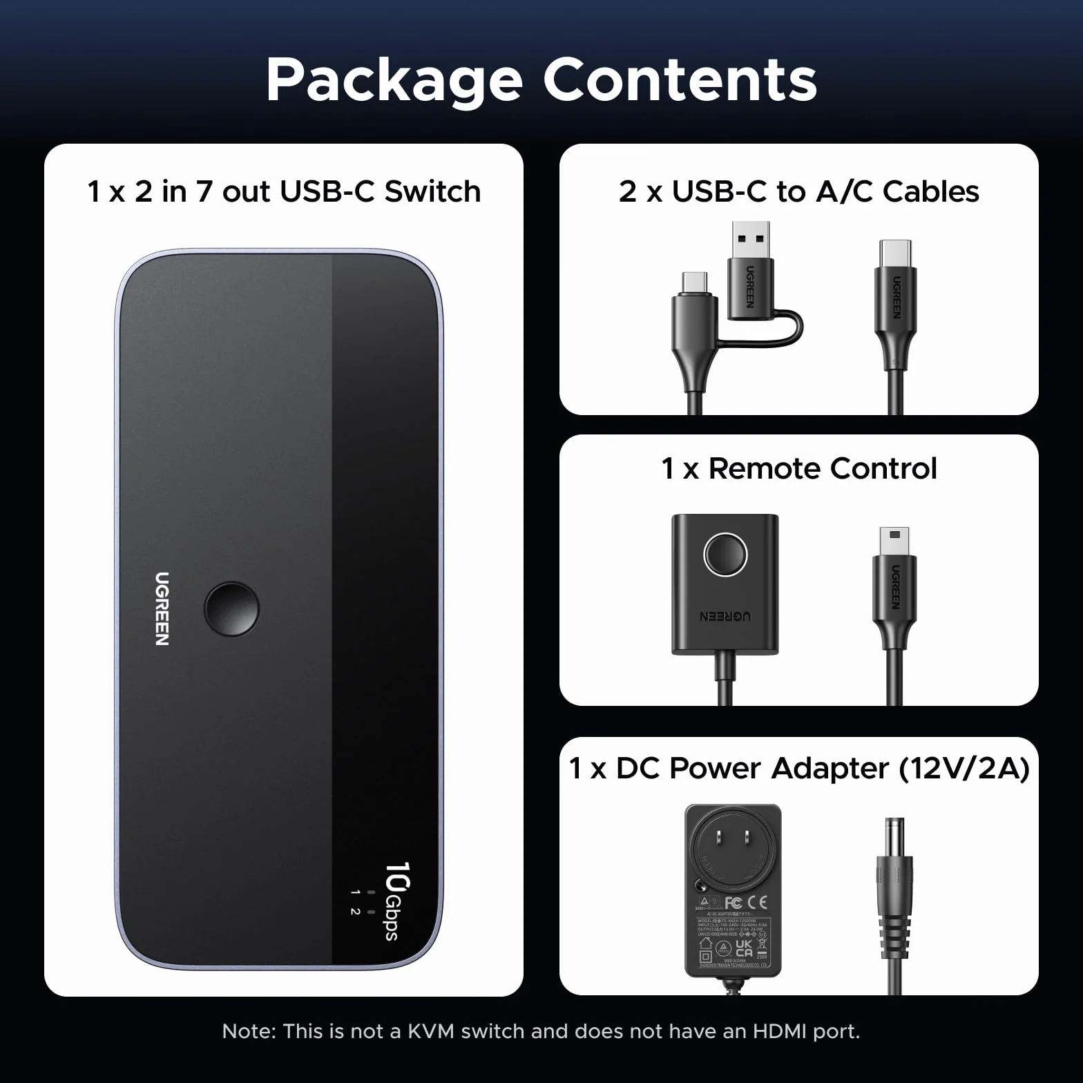 UGREEN Przełącznik USB 10Gbps USB-C 7 portów 3C4A z pilotem i kablem