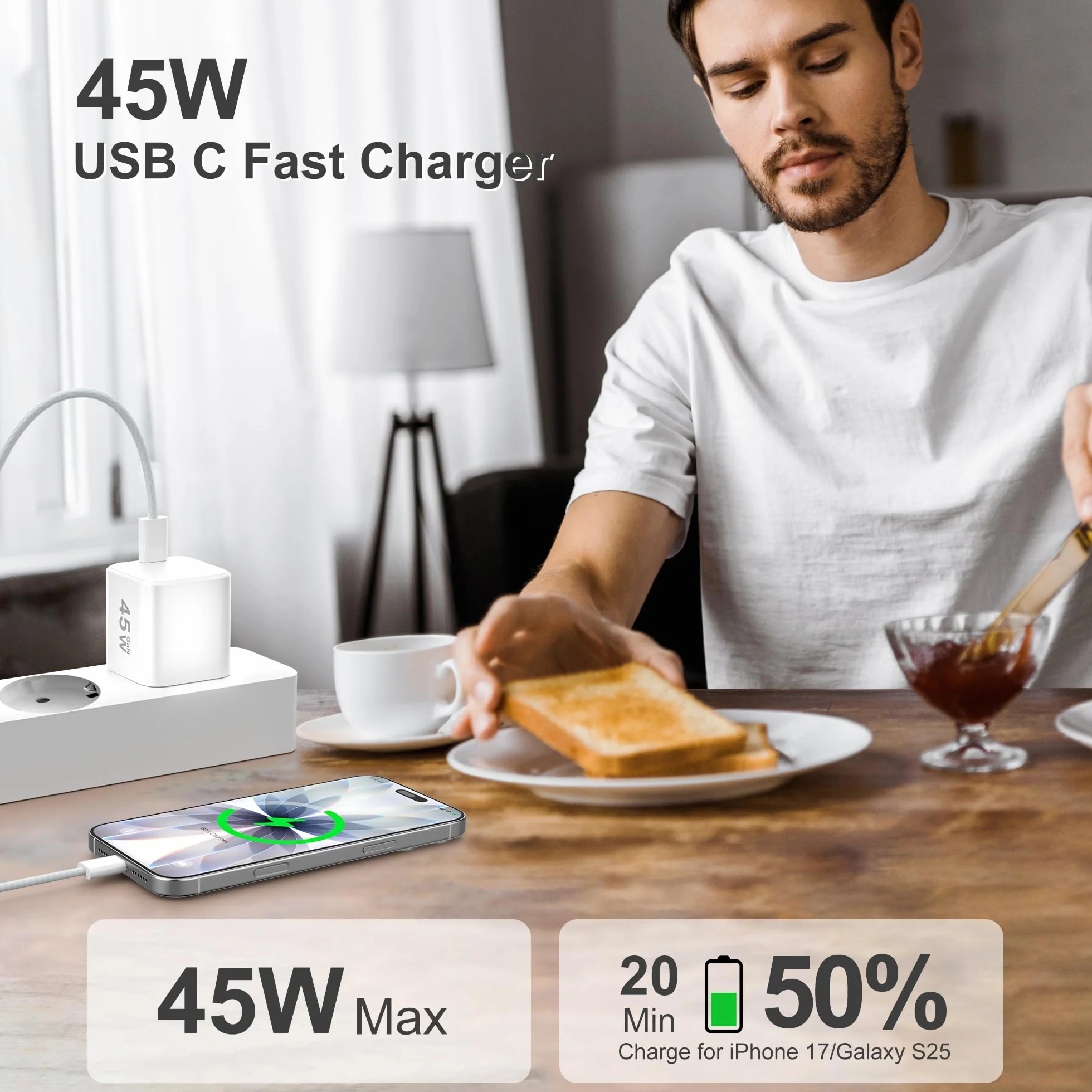 YISH 45W Ładowarka USB C GaN Szybka Ładowarka: Zasilacz USB C Fast Chargers USB C PD3.0 kompatybilny z iPhone 17 16 15 Galaxy S25 S24 Szybka Ładowarka Wtyczka USB-C (mit 1m Kabla Typu C 60W)