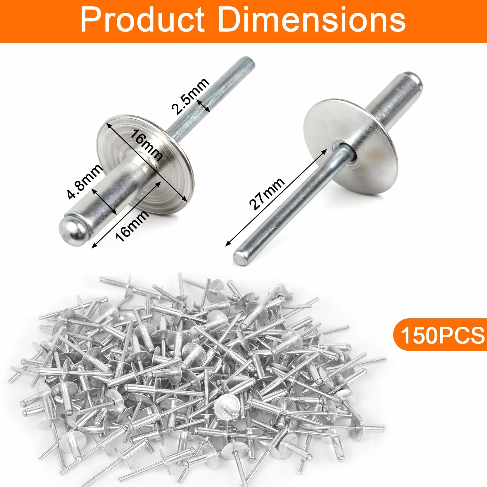 150 sztuk aluminiowych nitów zrywalnych z dużym kołnierzem, nity zrywalne 4,8 x 16 mm, nity zrywalne, duże głowice, zestaw nitów pop-nity do mebli, samochodów, statków i maszyn