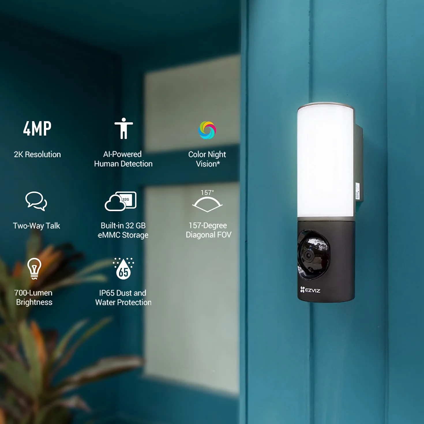 EZVIZ 4 MP kamera monitoringu zewnętrzna reflektor z oświetleniem, wykrywanie ruchu AI, noktowizor, 32 GB eMMC, regulowana jasność, alarm aplikacji, LC3