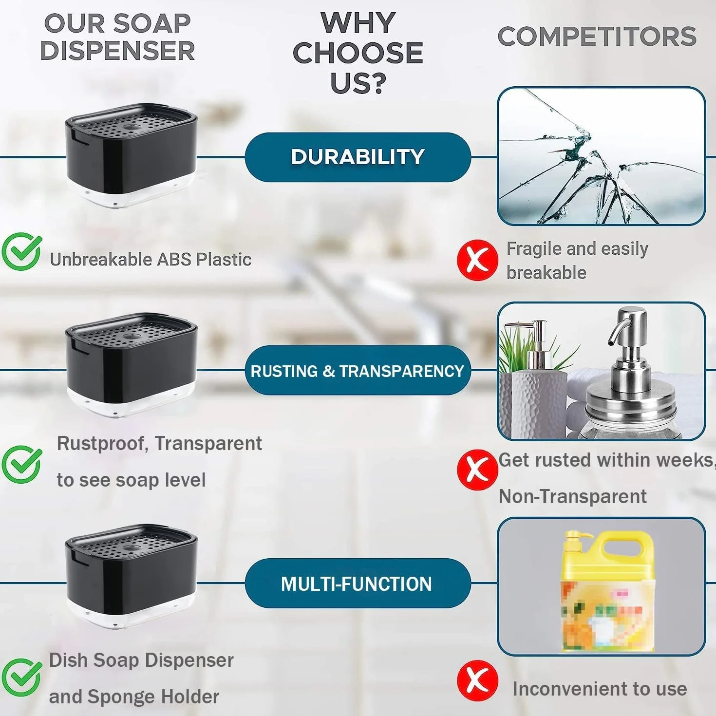 Collazoey Kitchen Washing Up Dozownik płynu do mycia 2 w 1, dozownik mydła z uchwytem na gąbkę, dozownik detergentu, w zestawie z gąbką do mycia naczyń (czarny)