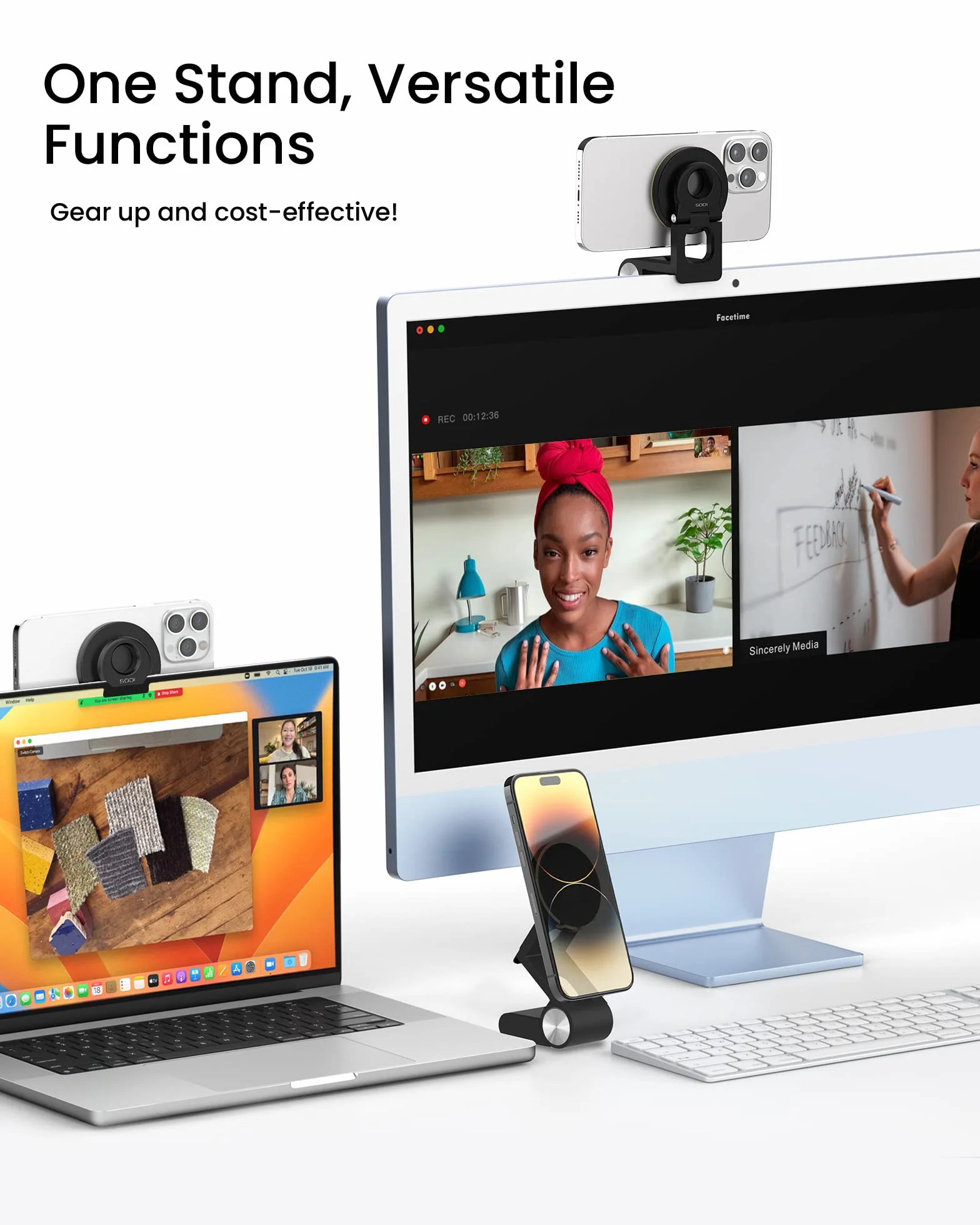 SODI Continuity iPhone kamera do MacBook, iPhone 17/16/15/14/13/12, iMac, Studio Displays, uchwyt kamery internetowej z regulacją nachylenia do monitorów biurkowych. (czarny)