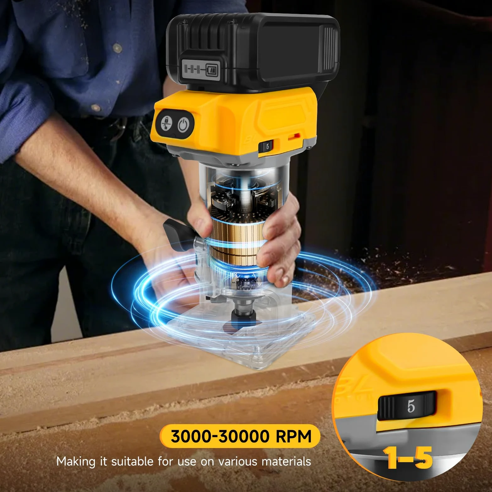 Akumulatorowa frezarka górnowrzecionowa do baterii Dewalt 20 V, 30 000 obr./min, elektryczny ręczny router palmowy z 5 sztukami 1/4", bezszczotkowy trymer nadaje się do obróbki drewna, szczelinowy