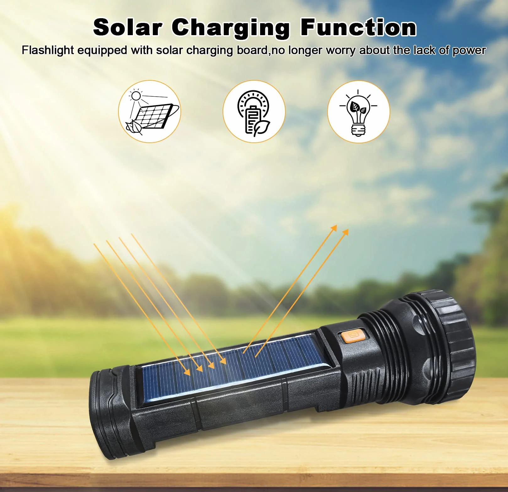 Latarka solarna LED, 1200 Mah, ładowalna, z ładowarką USB, IPX4, wodoodporna, 3 tryby światła, na kemping, wędrówki, w nagłych wypadkach