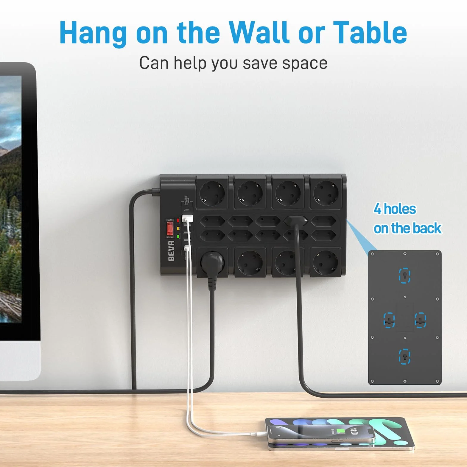 BEVA Listwa Zasilająca 3680W 16A 18 Gniazd AC 4xUSB-A 2xUSB-C Złodziej Wtyczka 2M