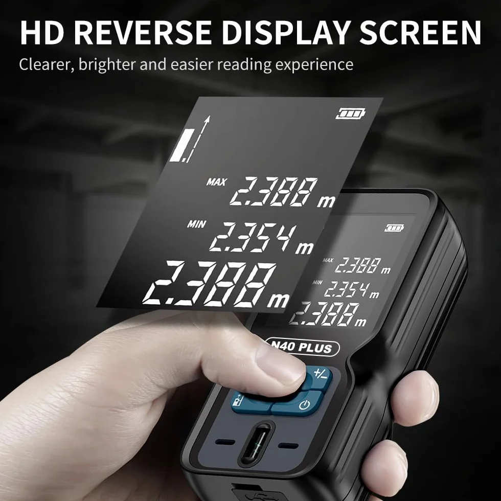 Dalmierz REVASRI Professional, dalmierz laserowy 70M z poziomicą M/In/Ft Dalmierz laserowy USB z możliwością ładowania dla odległości/powierzchni/objętości/Pitagorasa/ciągłego