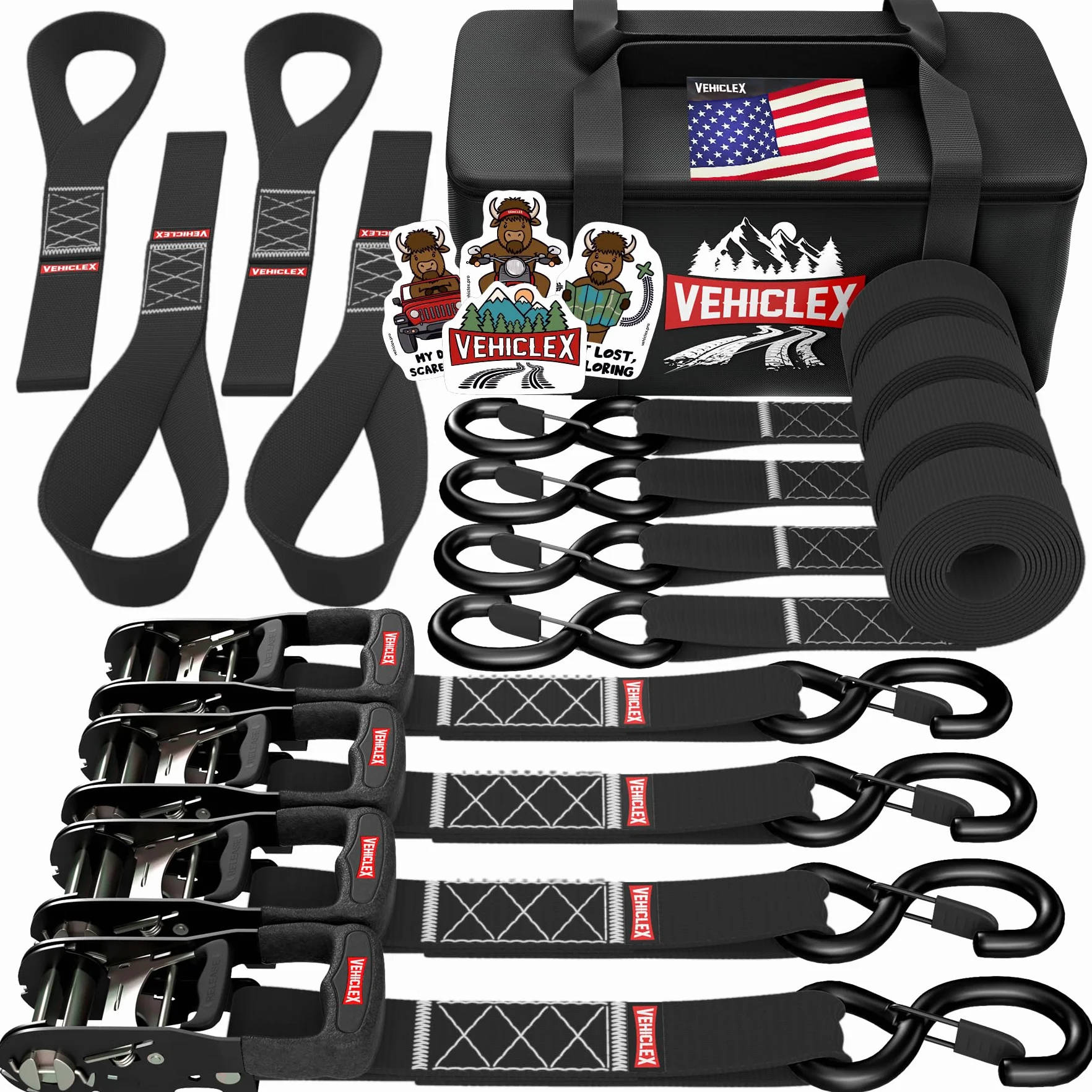 Vehiclex 4PK wytrzymałe paski mocujące z grzechotką do motocykli z miękkimi pętelkami, zestaw 3,8 cm x 2,4 m, wytrzymałość na rozerwanie 2 kg, do sportów motorowych, kolor czarny