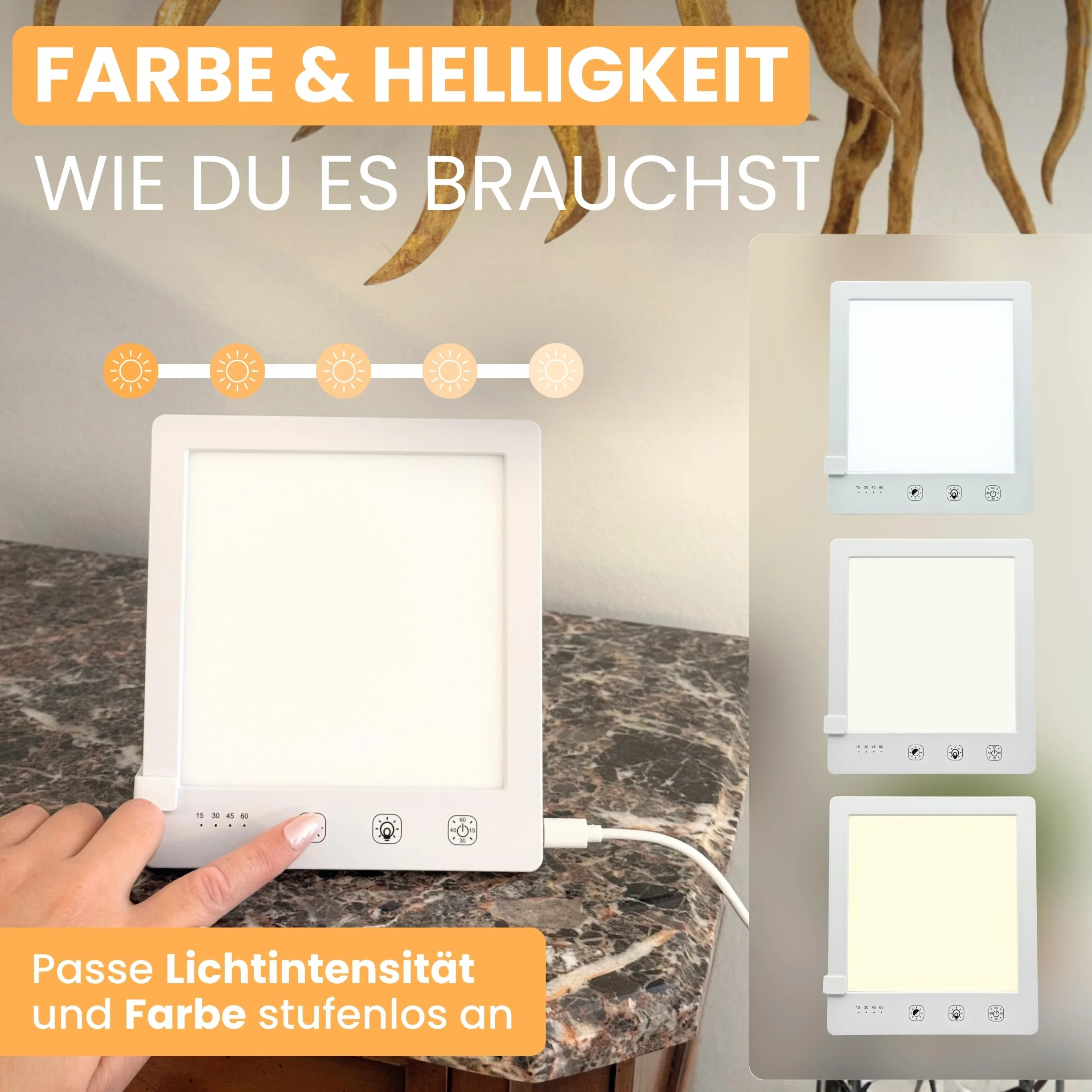 Lampa dzienna do 10 000 luksów, lampa terapeutyczna symulująca światło dzienne, lampa terapeutyczna daylight sad lamp, prysznic ze stojakiem, torbą i kablem USB-C