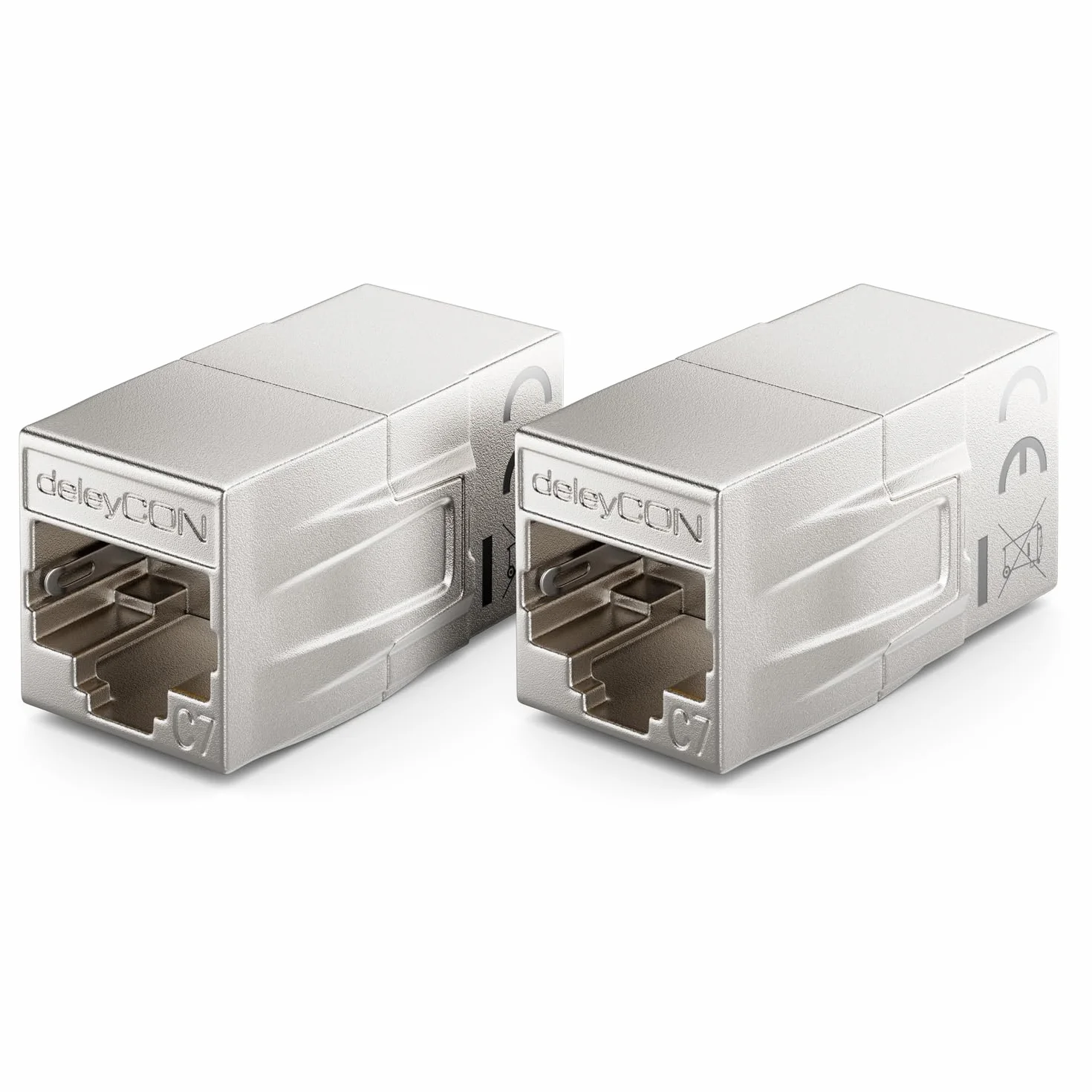 deleyCON 2 Szt. RJ45 Złącze CAT 7 Adapter Ethernet Metalowy 10Gbps 600MHz Srebrny