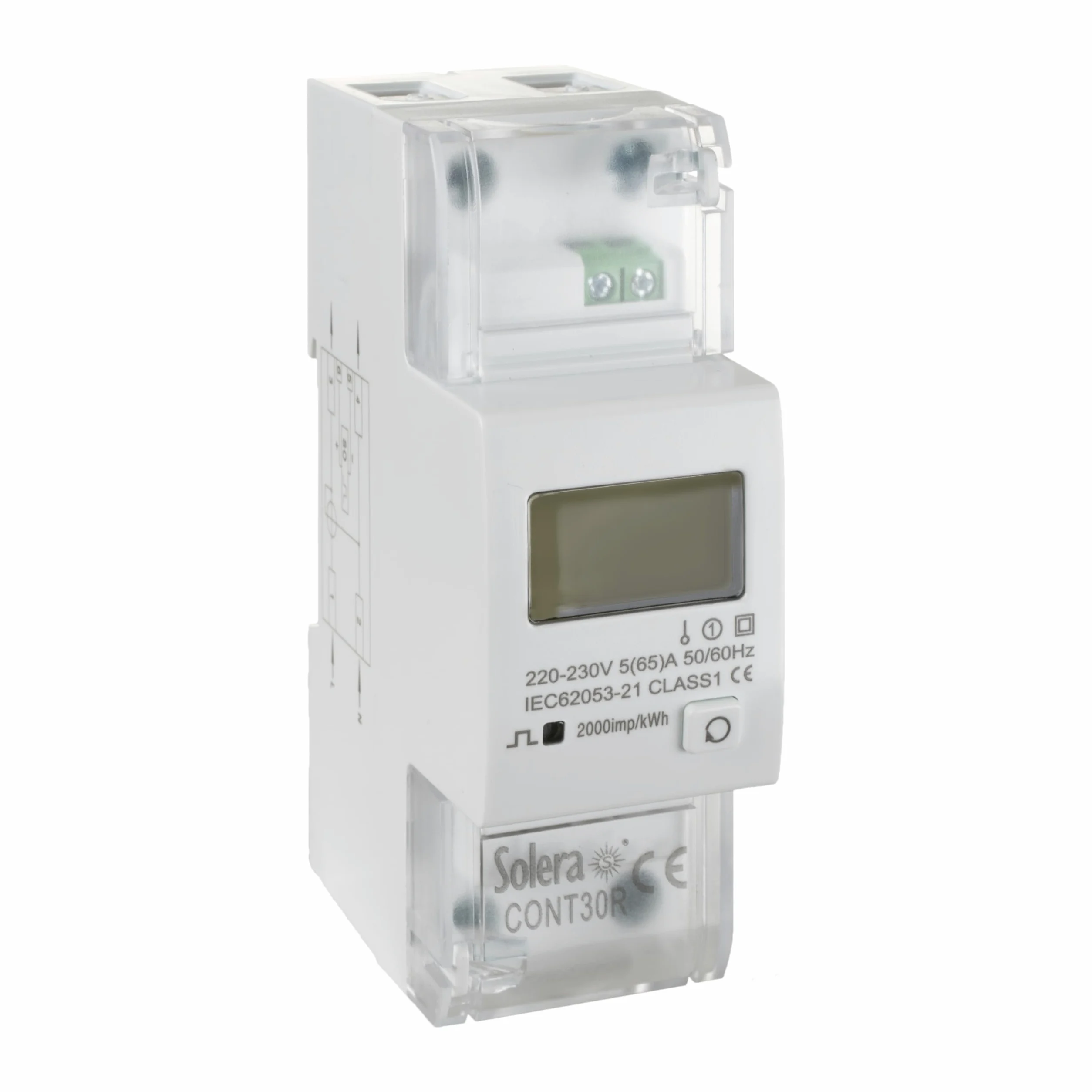 Solera jednofazowy licznik 80 A, 2 moduły (36 mm), 230 V, 50/60 Hz, klasa 1 • wyświetlacz 5 + 1 cyfr z resetem, wyjście impulsowe, montaż DIN 35 mm • Temp. -5°C / +40°C • Cert. CE UK RoHS • CONT30R (1