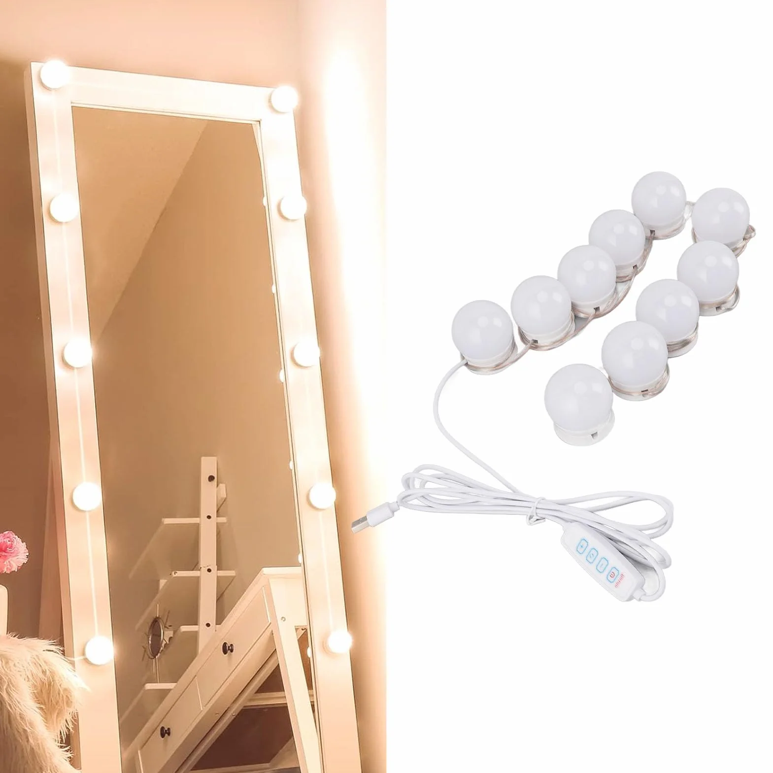 Lampki Toaletkowe LED z 10 ściemnialnymi żarówkami, Lampki Toaletkowe w Stylu Hollywoodzkim, Regulowane Białe i Jasne światła Lustrzane USB, Przyklejane do Makijażu, Garderoby,