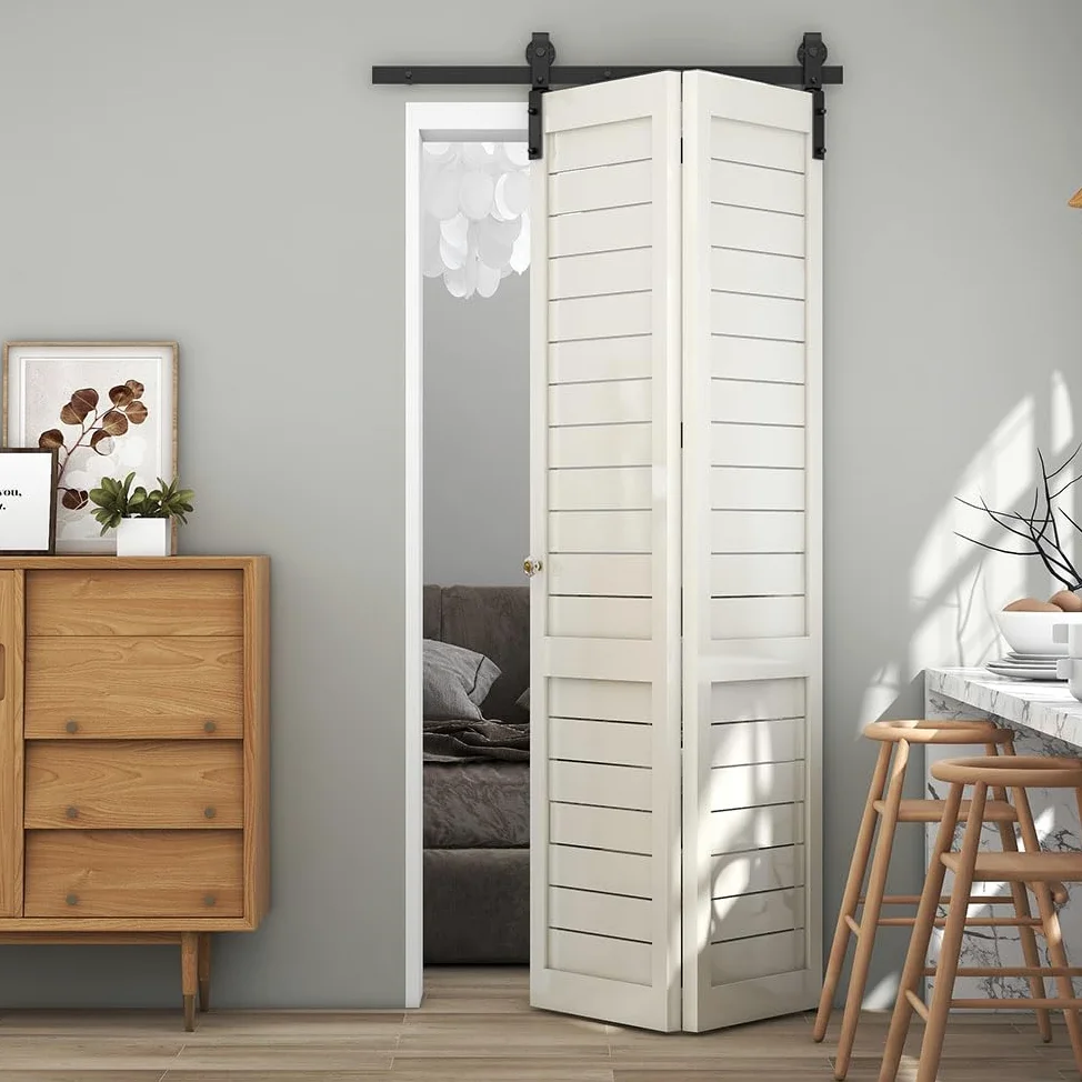TSMST 76,3 cm/2,5 ft system drzwi składanych przesuwnych, kompletny zestaw, oszczędzający miejsce zestaw szyny do drzwi stodoły dla 2 drzwi, podstawowy styl, gładkie i ciche (bez drzwi)
