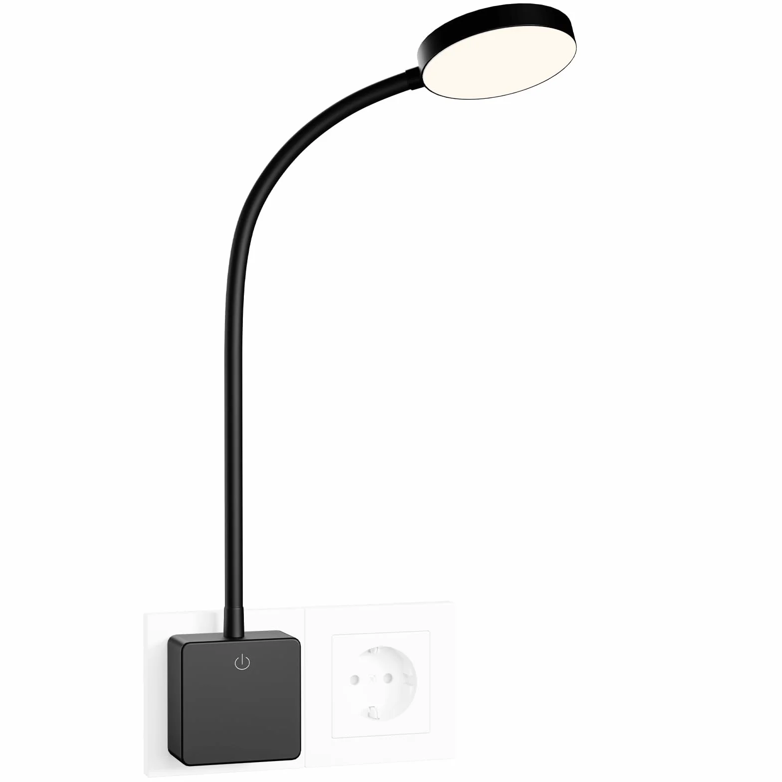 ENUOTEK Czarny lampa LED do gniazdka, 4W 350 lm montowana na ścianie, z regulowanym przełącznikiem dotykowym i giętką szyjką, do użytku przy łóżku, 3 regulowane temperatury barwowe: 4000K-3000K-5000K | Lampa ścienna LED, lampa do czytania do sypialni, z w