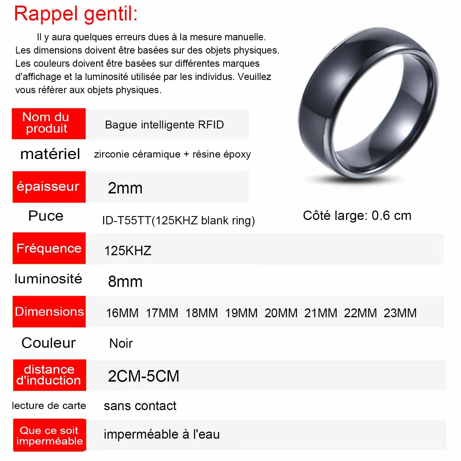 t5577 Chip RFID Czarny ceramiczny Inteligentny palec przepisać pierścień ID dla mężczyzn i kobiet do noszenia