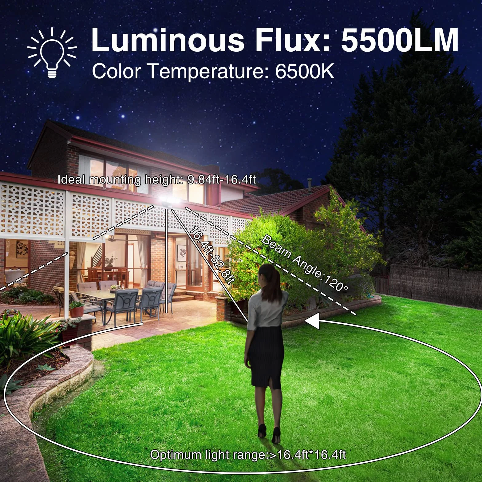 Onforu Reflektor LED z czujnikiem ruchu, zewnętrzny, 55 W, 5000 lm, z 3 regulowanymi głowicami, 6500 K, zimna biel, IP65, wodoszczelny, do garażu, ogrodu, na podwórko