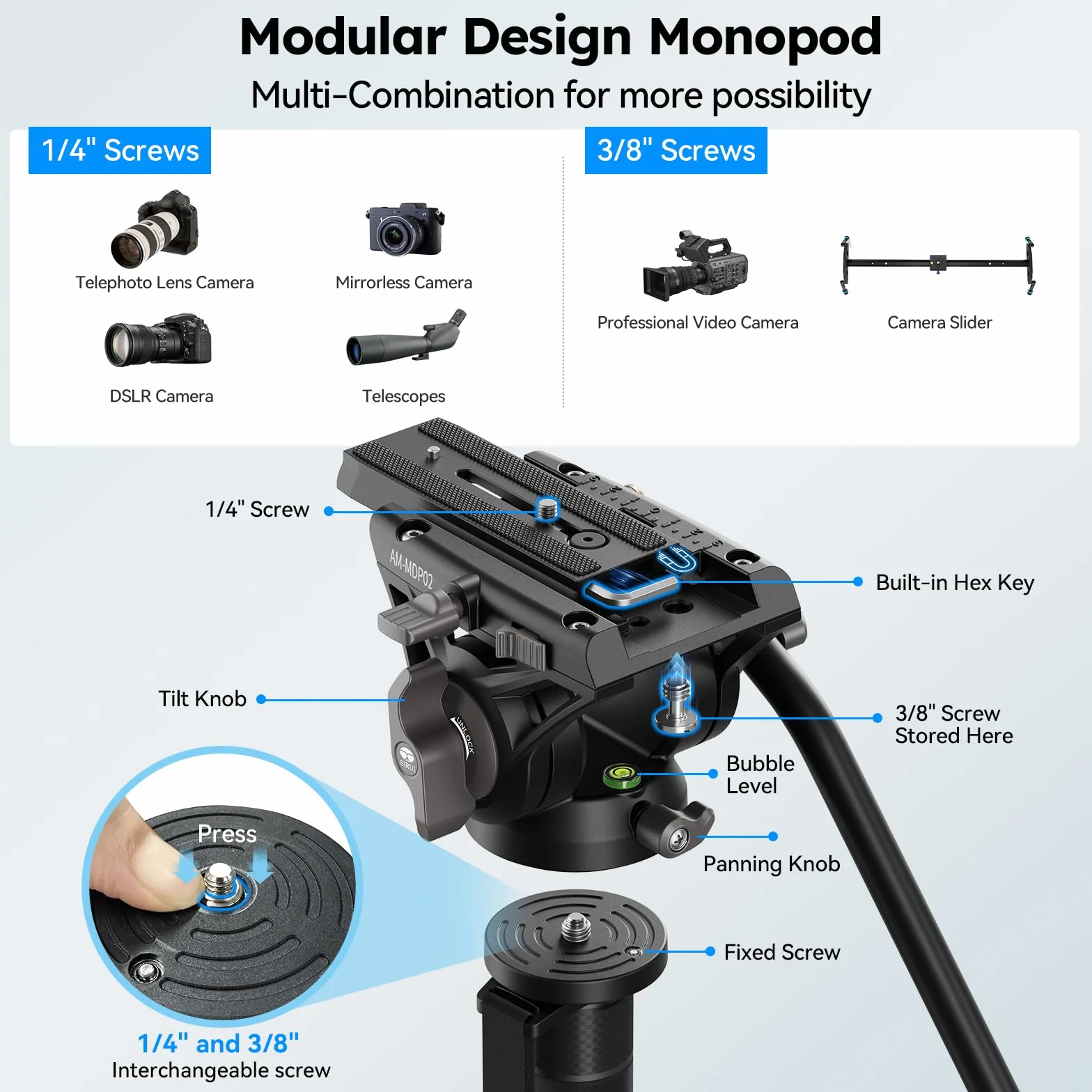 SIRUI Profesjonalny monopod aluminiowy teleskopowy z głowicą płynową Pan Tilt 8 kg