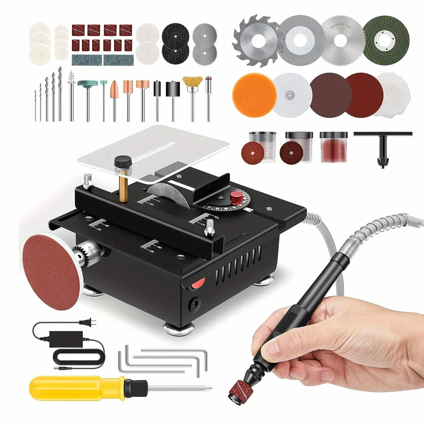 Mini stołowa piła tarczowa, 100 W Mini przenośna piła stołowa, regulowana głębokość 0-16 mm, 7 prędkości, cięcie 0-90°, do obróbki drewna, rzemiosła, modelarstwa i cięcia PCB