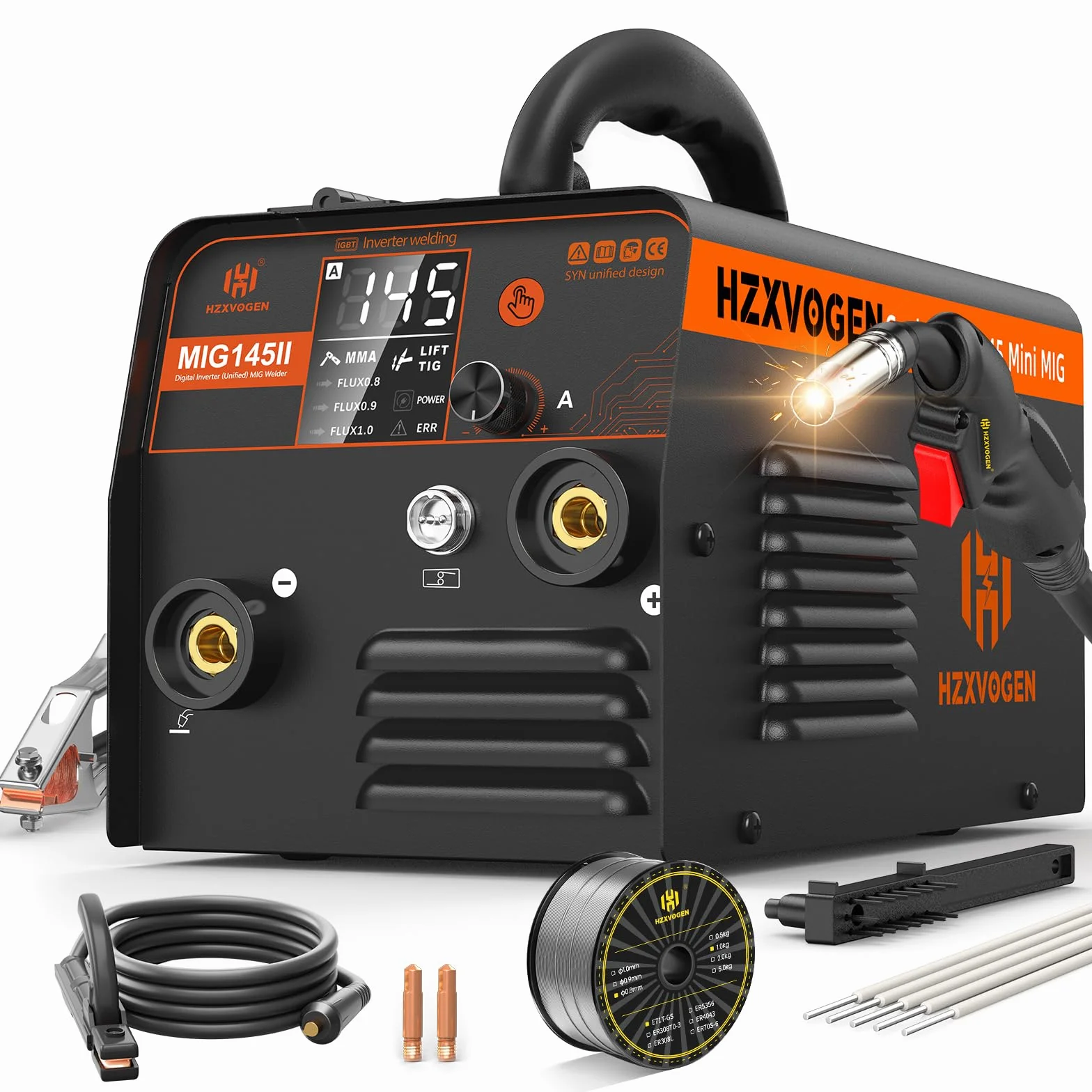 H HZXVOGEN 145A Bezgazowa Spawarka MIG 230V, 3 w 1 Flux Core MIG/MMA/Lift TIG, Przenośna Spawarka Inwertorowa z Synergią, Wyświetlacz LED, W Zestawie Drut Samoosłonowy i Akcesoria (MIG145II)
