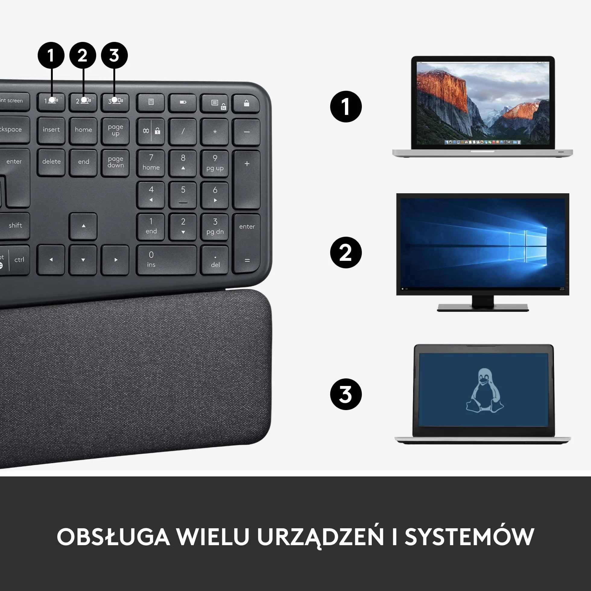 Logitech ERGO K860 - Bezprzewodowa ergonomiczna klawiatura dzielona, podkładka pod nadgarstek, łączność Bluetooth i USB, kompatybilna z Windows/Mac, QWERTY US Intl - Czarny