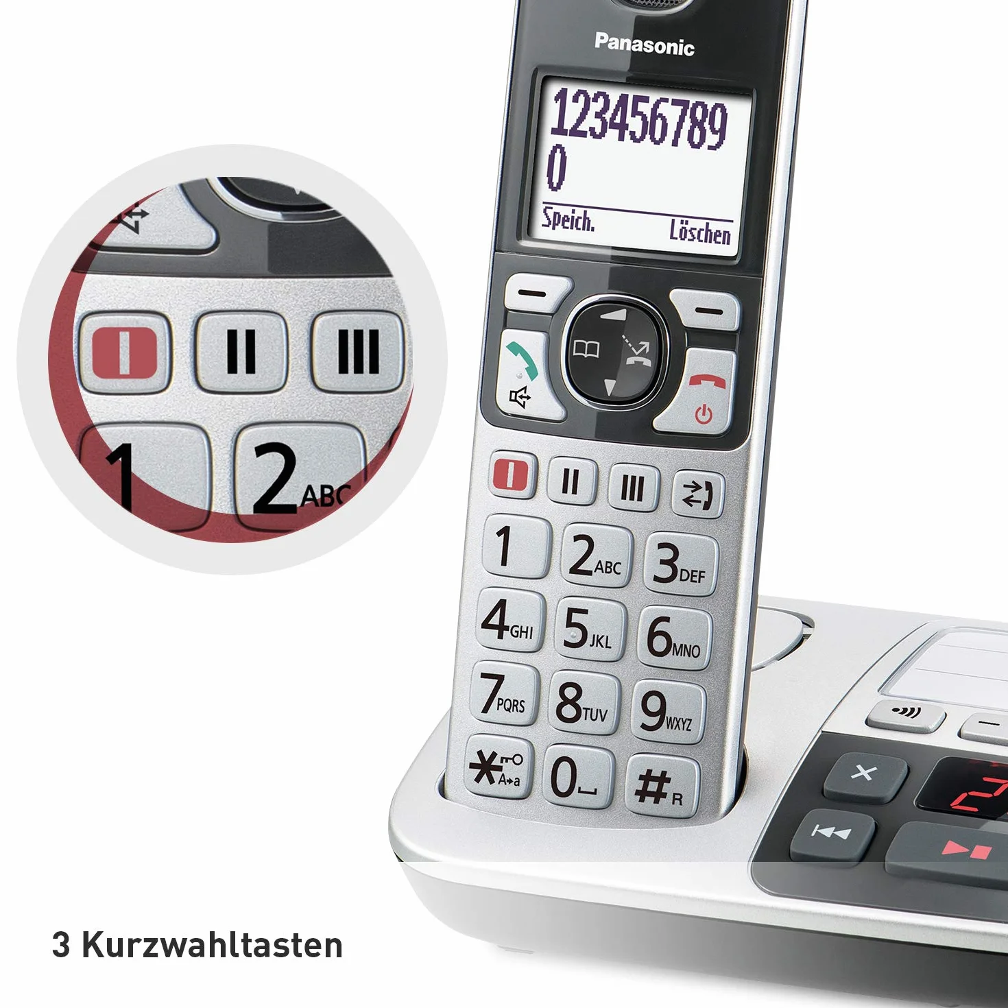 Panasonic KX-TGE522GS DECT telefon dla seniorów z połączeniem alarmowym, duże przyciski, automatyczna sekretarka, bezprzewodowy DUO, srebrno-czarny, 1.5 h rozmowa, 4.6 cm wyświetlacz