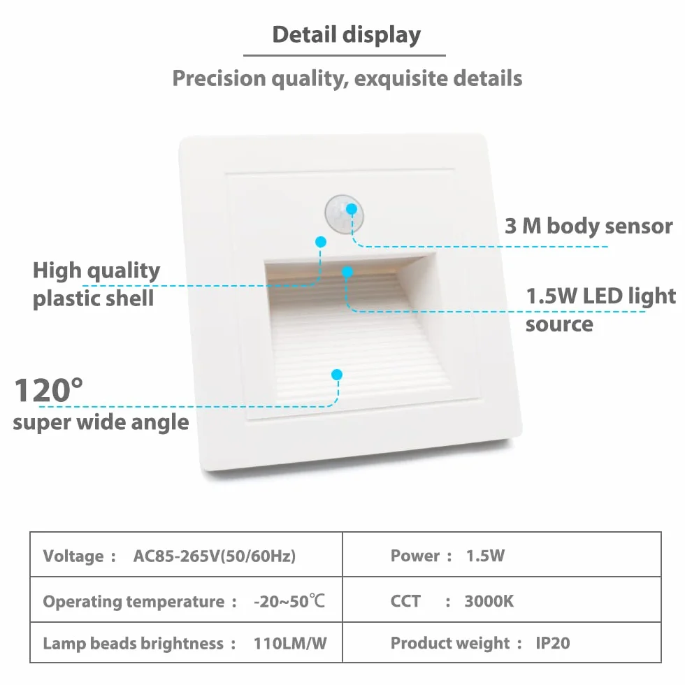 8 x 1,5W LED oświetlenie schodów z czujnikiem ruchu lampa ścienna ciepła biel lampa ścienna reflektor biała, do puszki podtynkowej okrągłej 60 mm, kwadratowej 86 mm 230 V użytku wewnętrznego