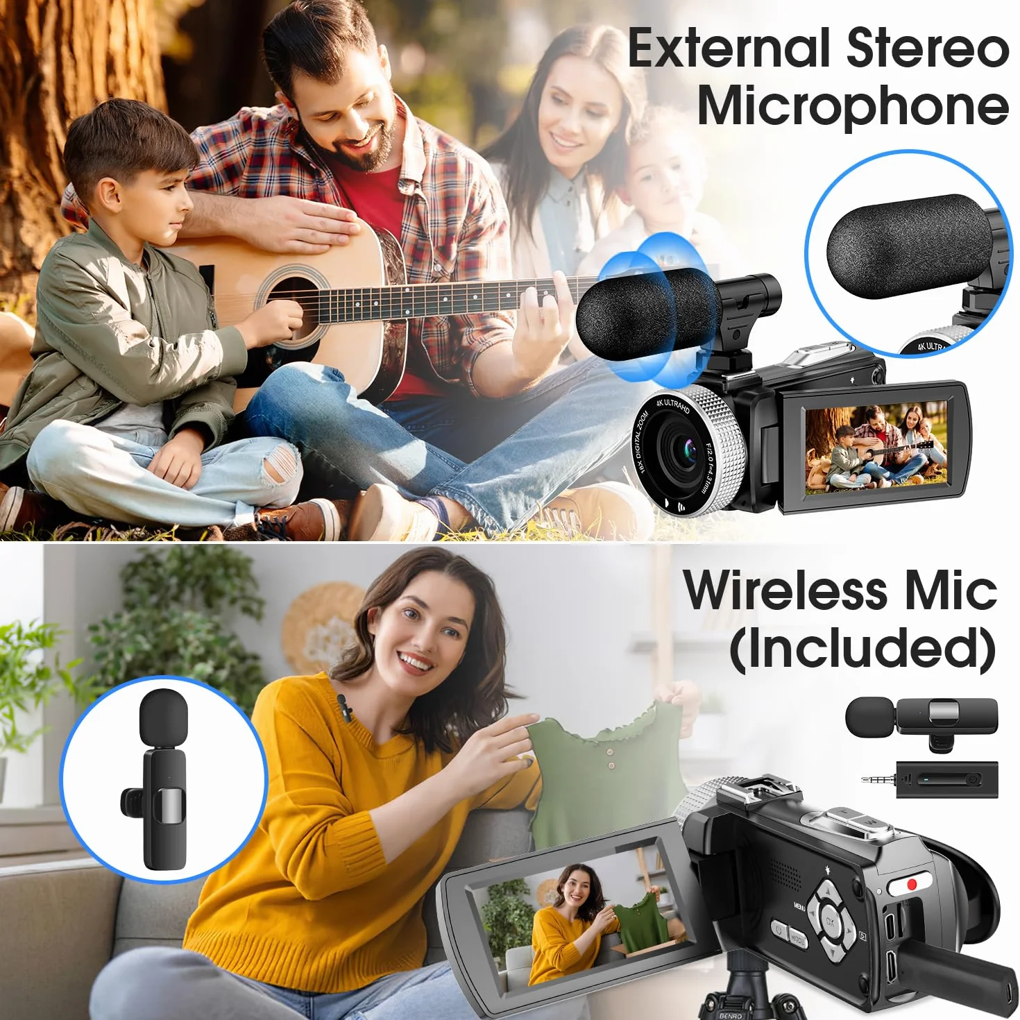 Kamera wideo 4K 48MP Zdjęcie/rejestrator wideo 4K 60FPS, kamera cyfrowa do Youtube Vlogging z mikrofonem bezprzewodowym/karta SD/2 baterów/pilot zdalnego sterowania